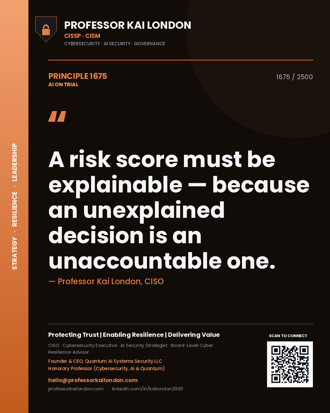 Professor Kai London principle 1675: A risk score must be explainable — because an unexplained decision is an unaccountable one.