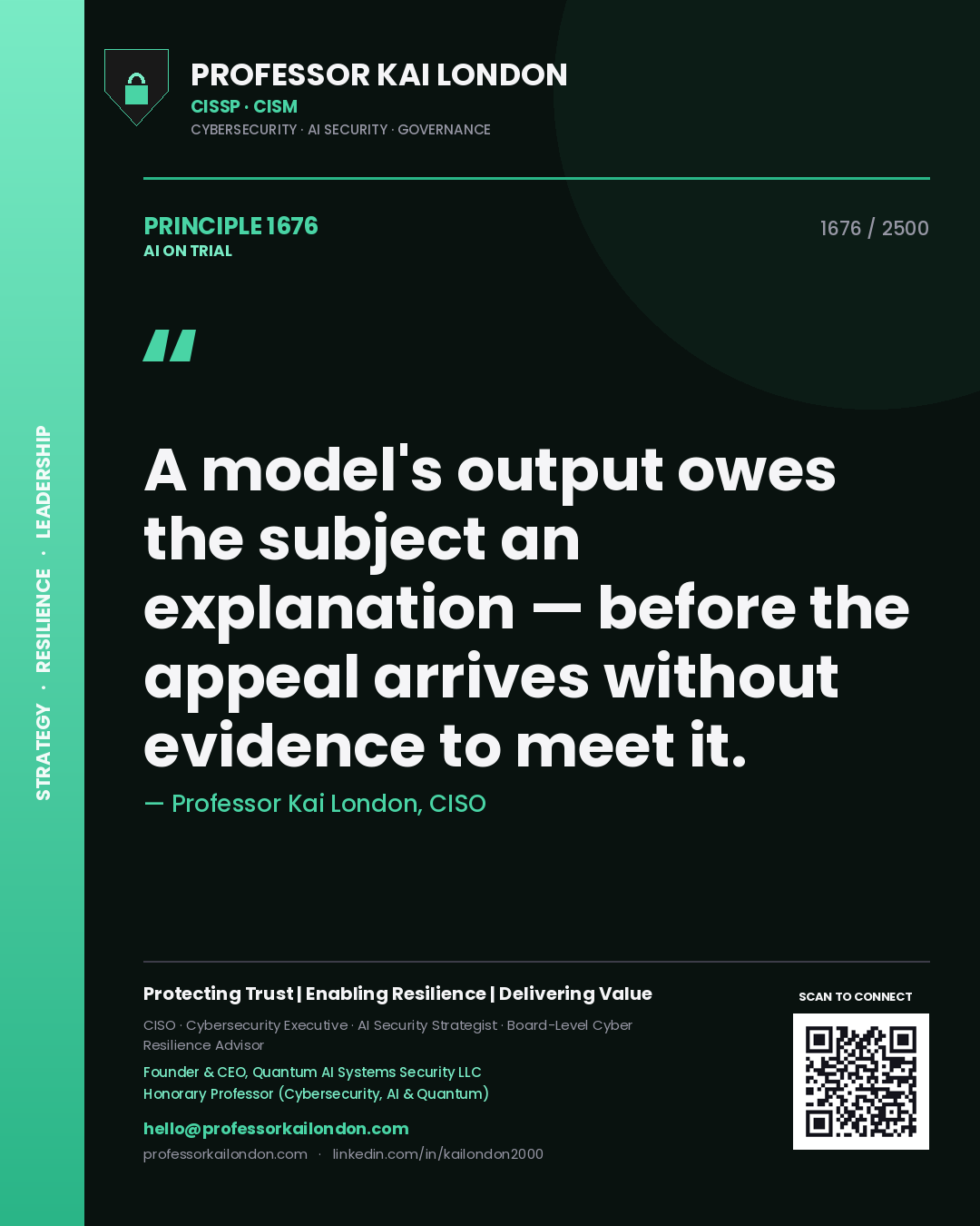 Professor Kai London principle 1676: A model's output owes the subject an explanation — before the appeal arrives without evidence to meet it.