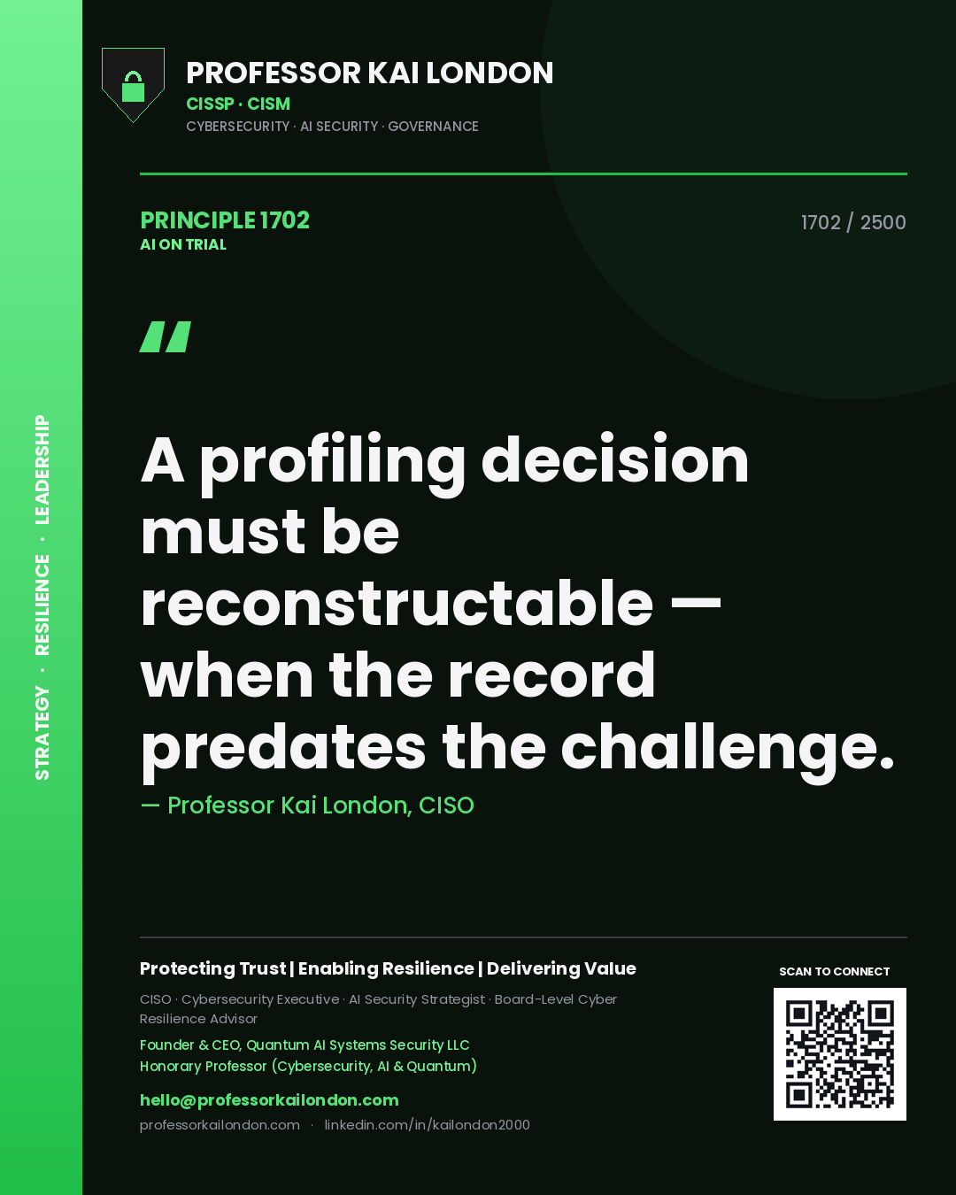 Professor Kai London principle 1702: A profiling decision must be reconstructable — when the record predates the challenge.