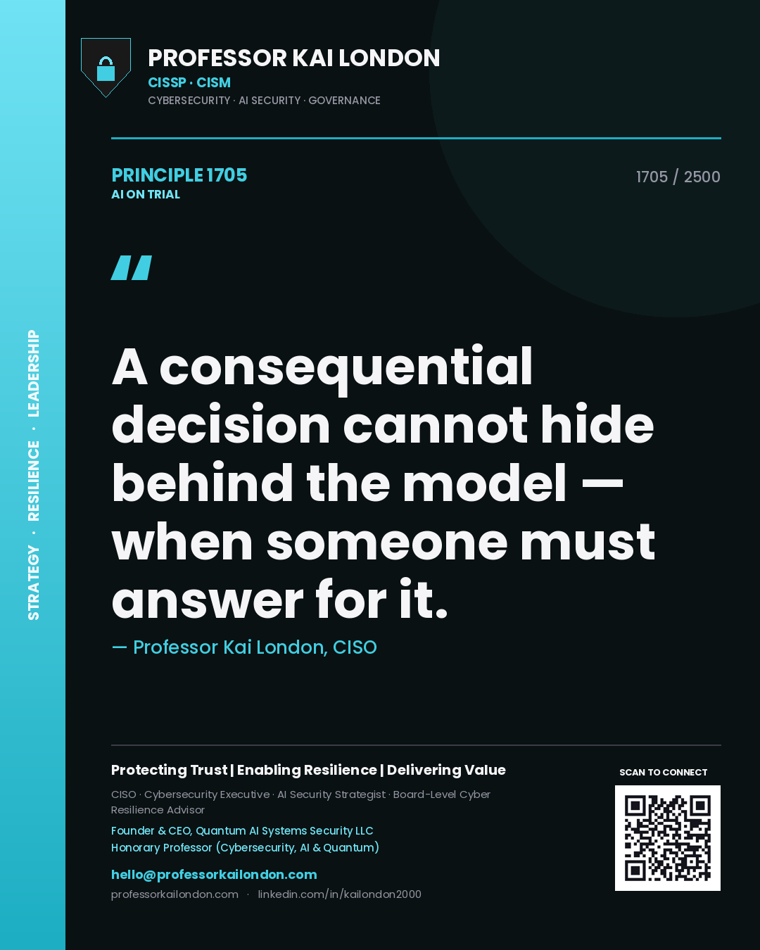 Quote card by Professor Kai London reading 'A consequential decision cannot hide behind the model — when someone must answer for it.'. From the book AI on Trial.