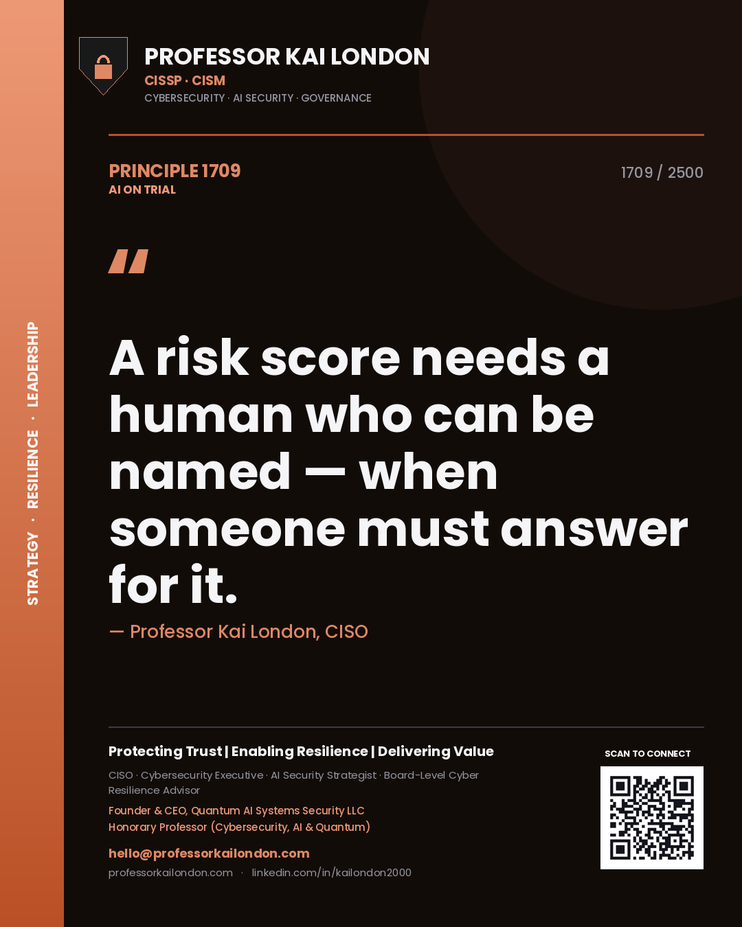 Professor Kai London principle 1709: A risk score needs a human who can be named — when someone must answer for it.