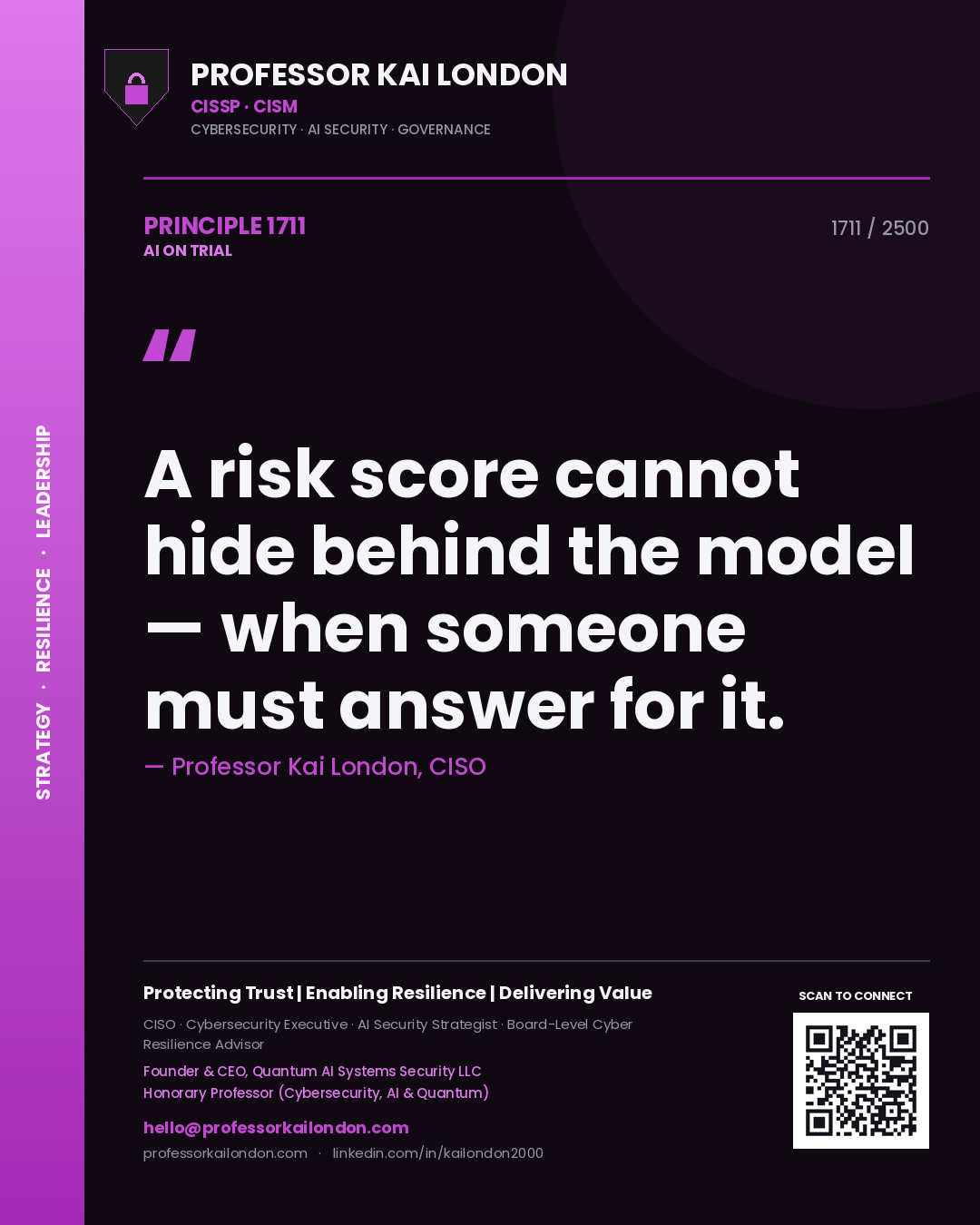Professor Kai London principle 1711: A risk score cannot hide behind the model — when someone must answer for it.