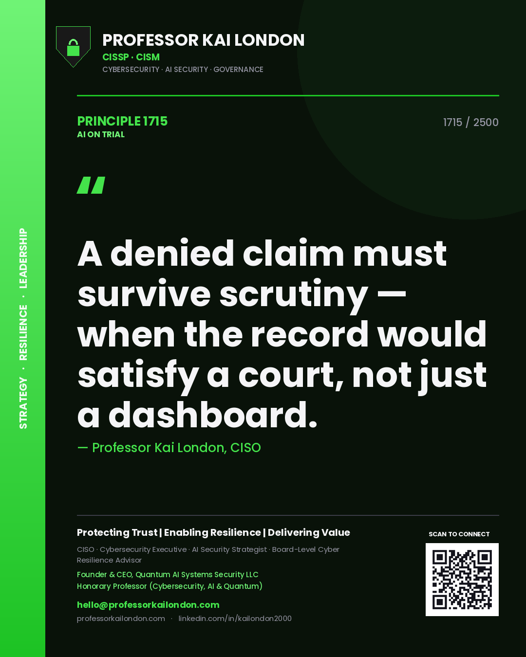 Professor Kai London principle 1715: A denied claim must survive scrutiny — when the record would satisfy a court, not just a dashboard.