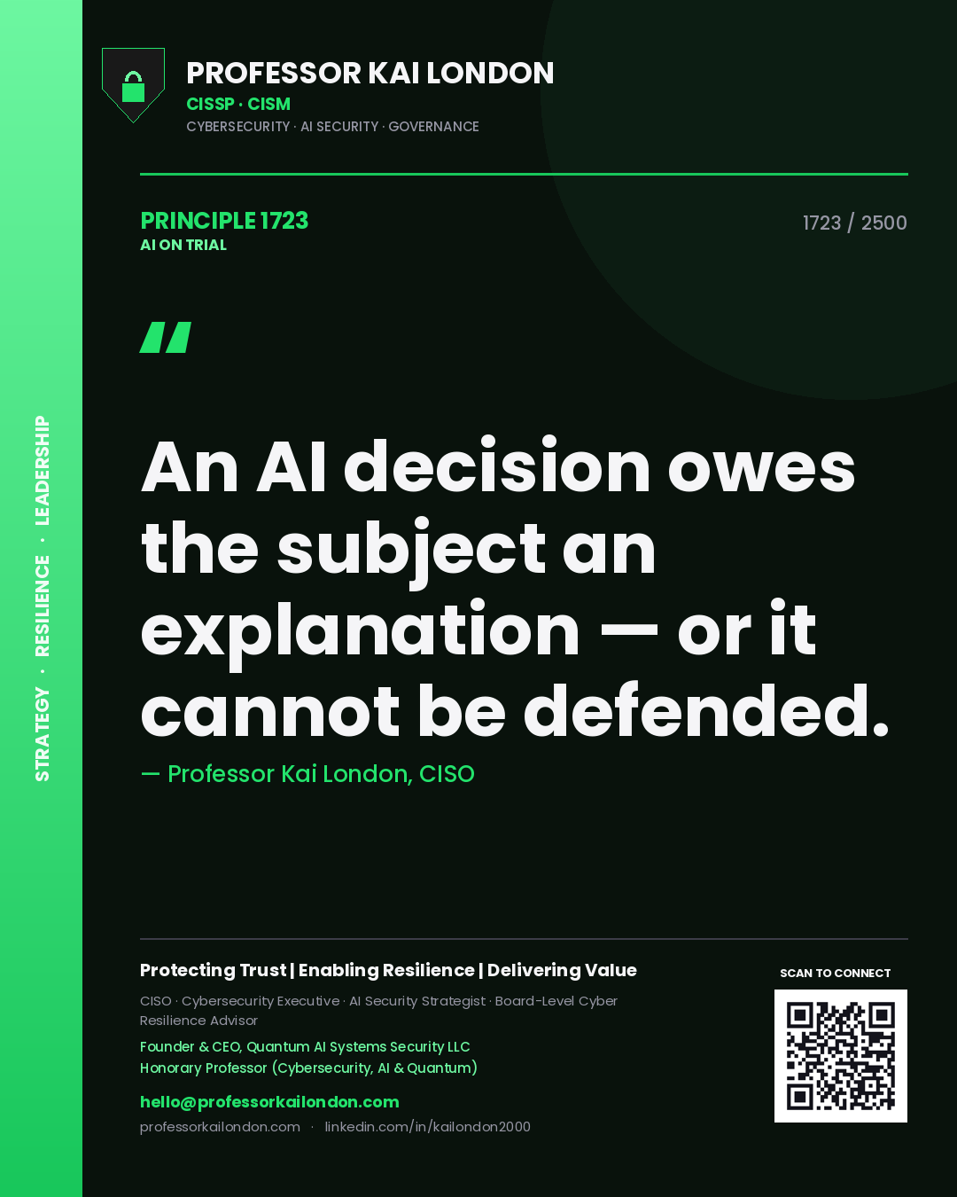 Professor Kai London principle 1723: An AI decision owes the subject an explanation — or it cannot be defended.