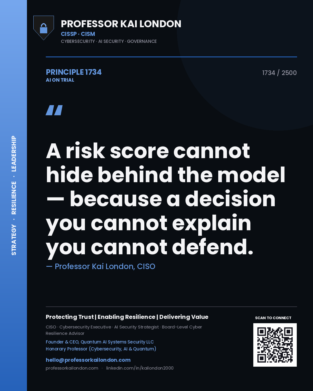 Professor Kai London principle 1734: A risk score cannot hide behind the model — because a decision you cannot explain you cannot defend.