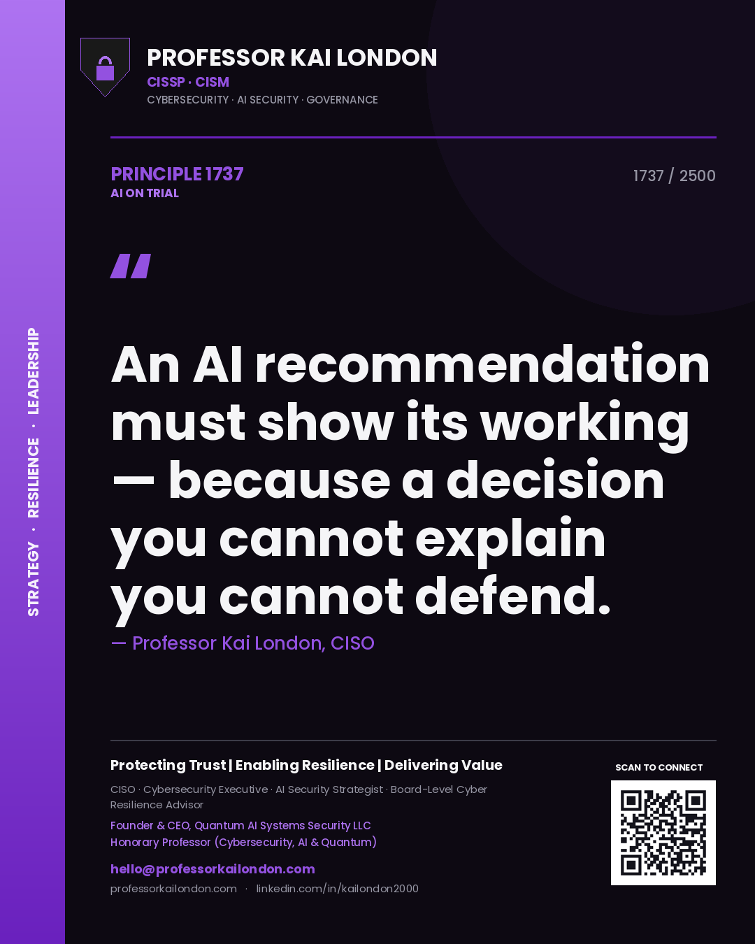 Professor Kai London principle 1737: An AI recommendation must show its working — because a decision you cannot explain you cannot defend.
