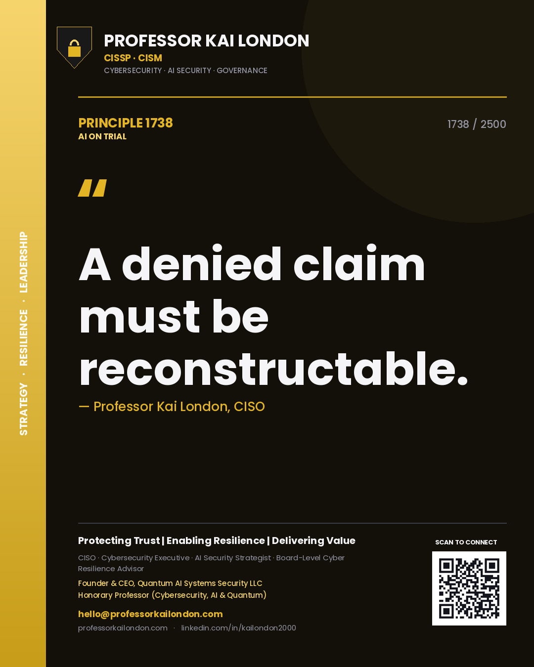 Quote card by Professor Kai London reading 'A denied claim must be reconstructable.'. From the book AI on Trial.