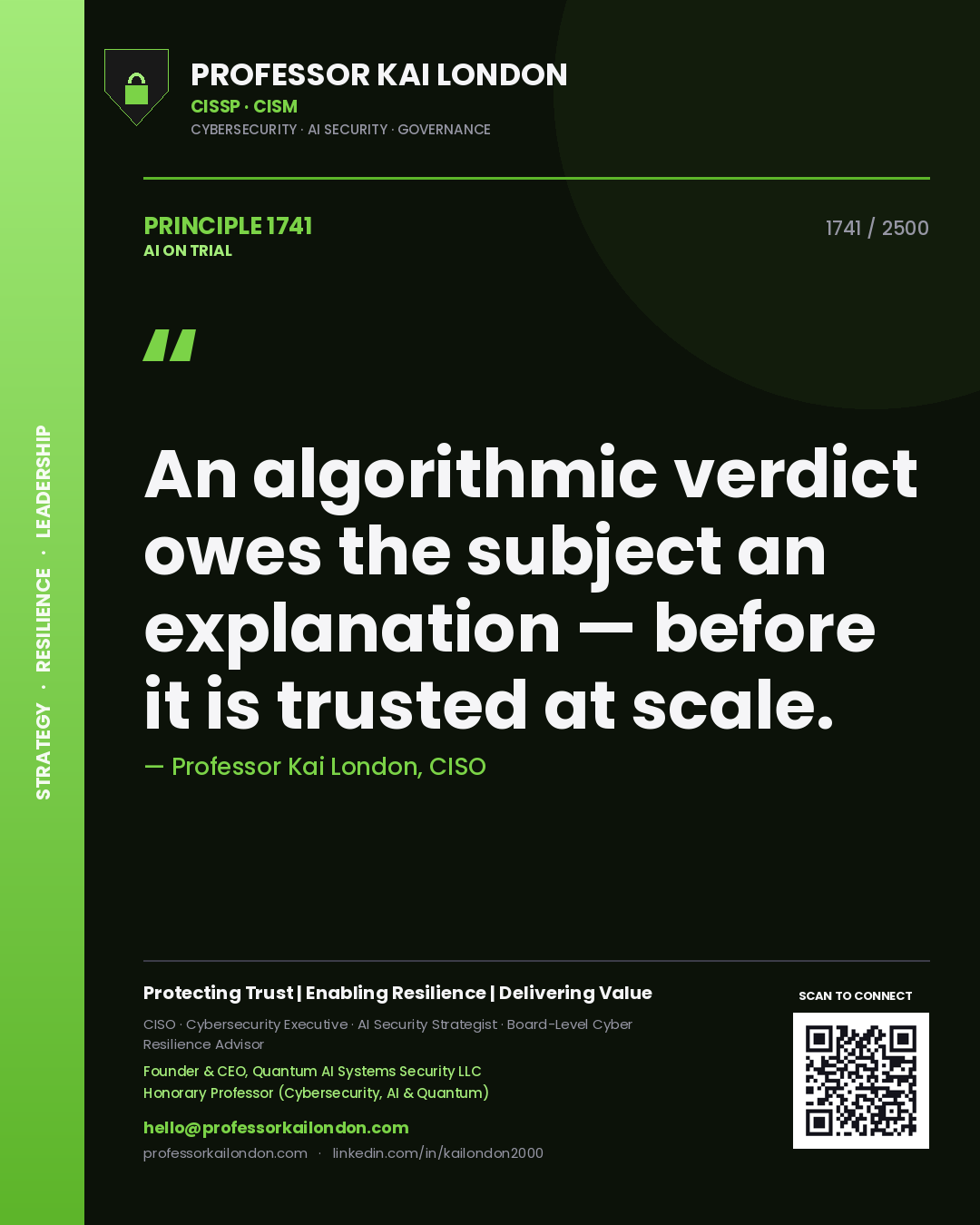 Professor Kai London principle 1741: An algorithmic verdict owes the subject an explanation — before it is trusted at scale.