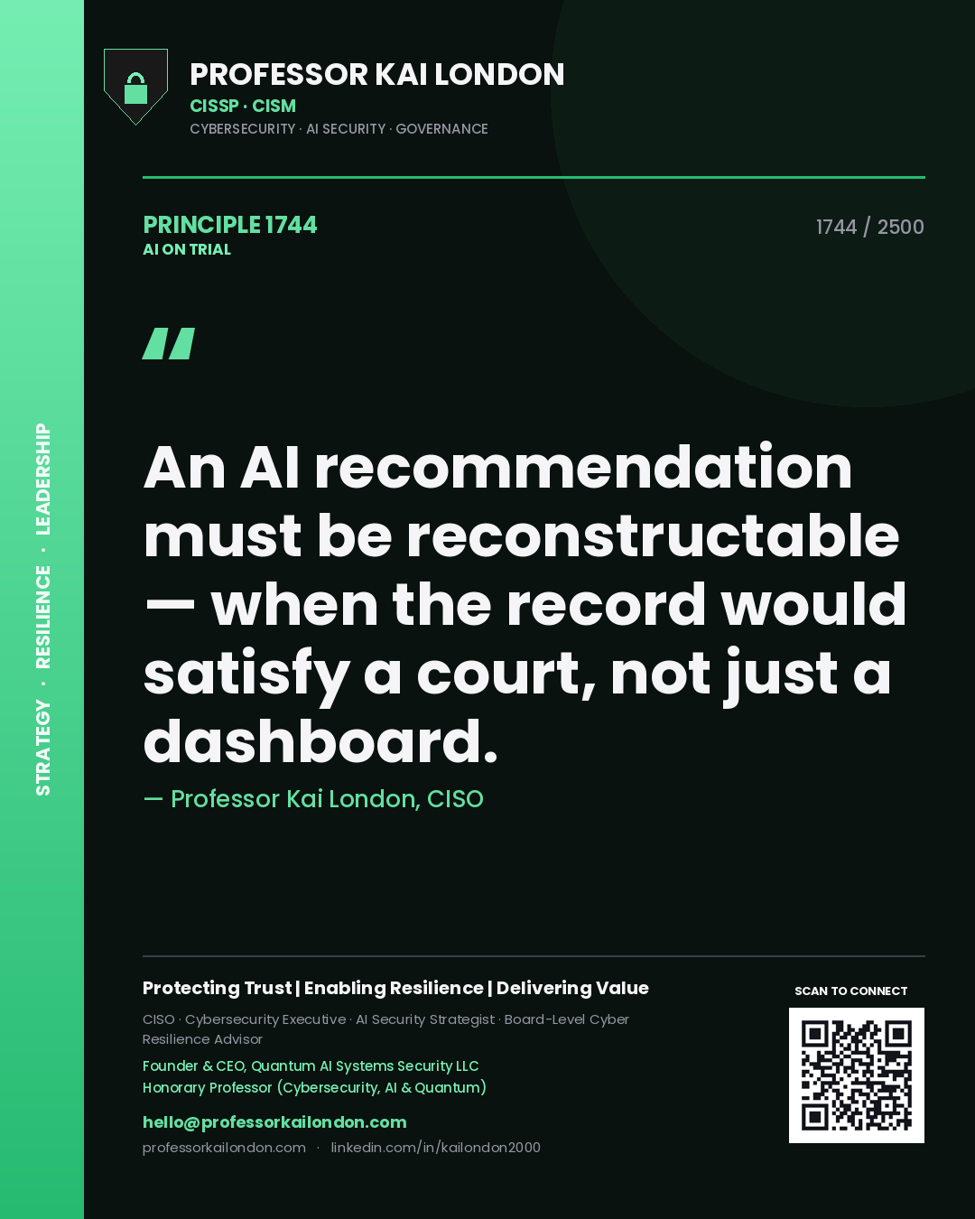 Professor Kai London principle 1744: An AI recommendation must be reconstructable — when the record would satisfy a court, not just a dashboard.
