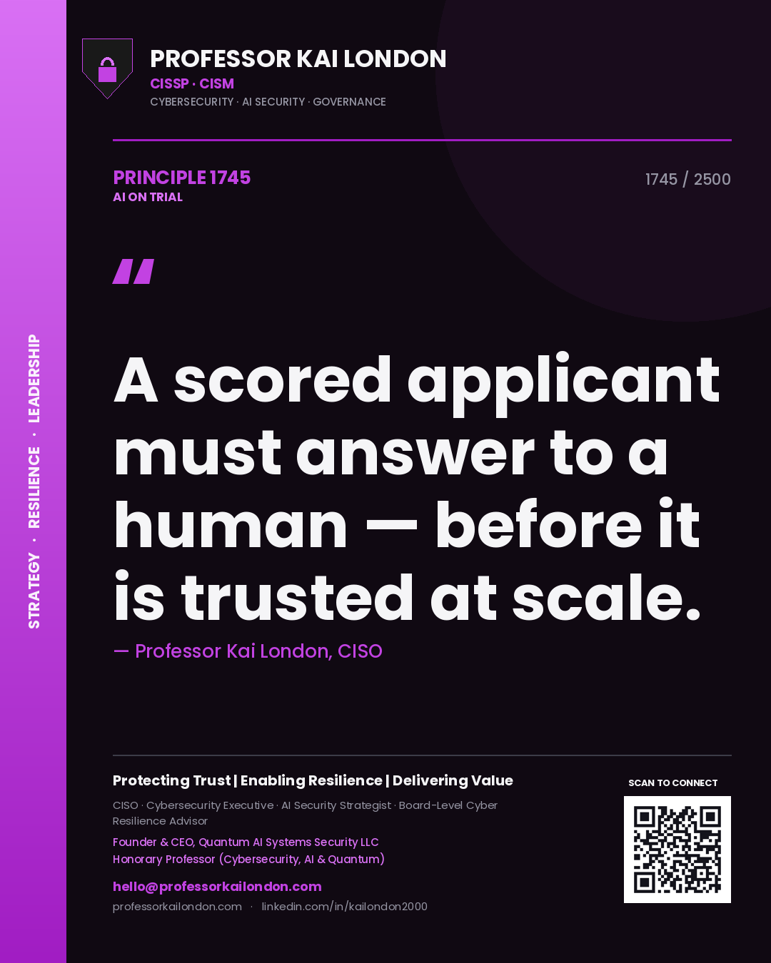 Quote card by Professor Kai London reading 'A scored applicant must answer to a human — before it is trusted at scale.'. From the book AI on Trial.