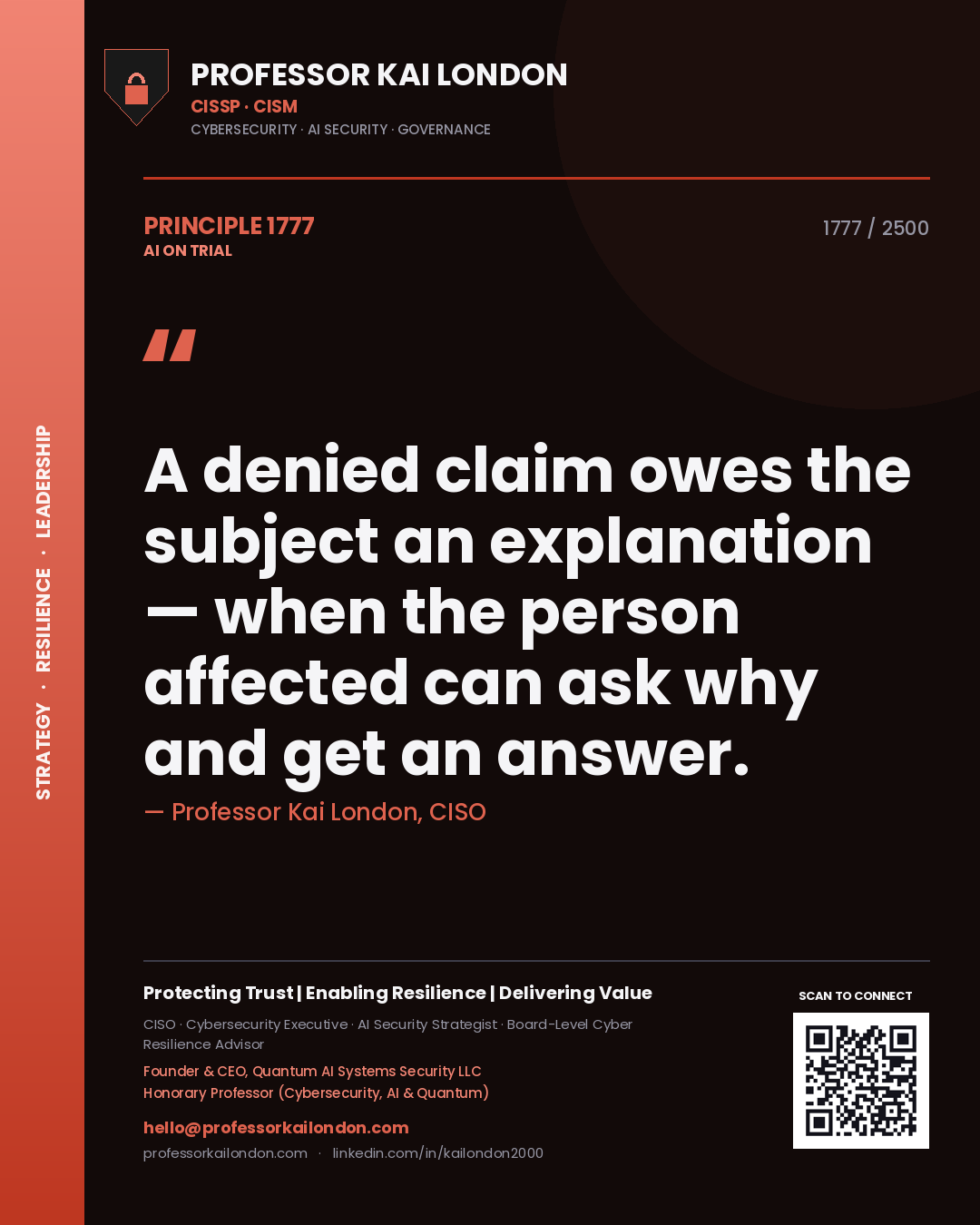 Quote card by Professor Kai London reading 'A denied claim owes the subject an explanation — when the person affected can ask why and get an answer.'. From the book AI on Trial.