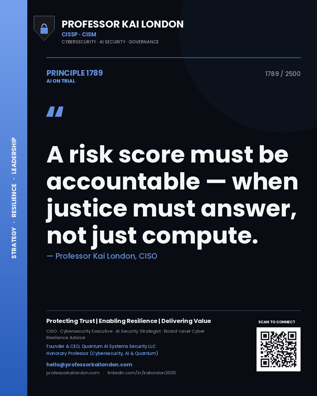 Professor Kai London principle 1789: A risk score must be accountable — when justice must answer, not just compute.
