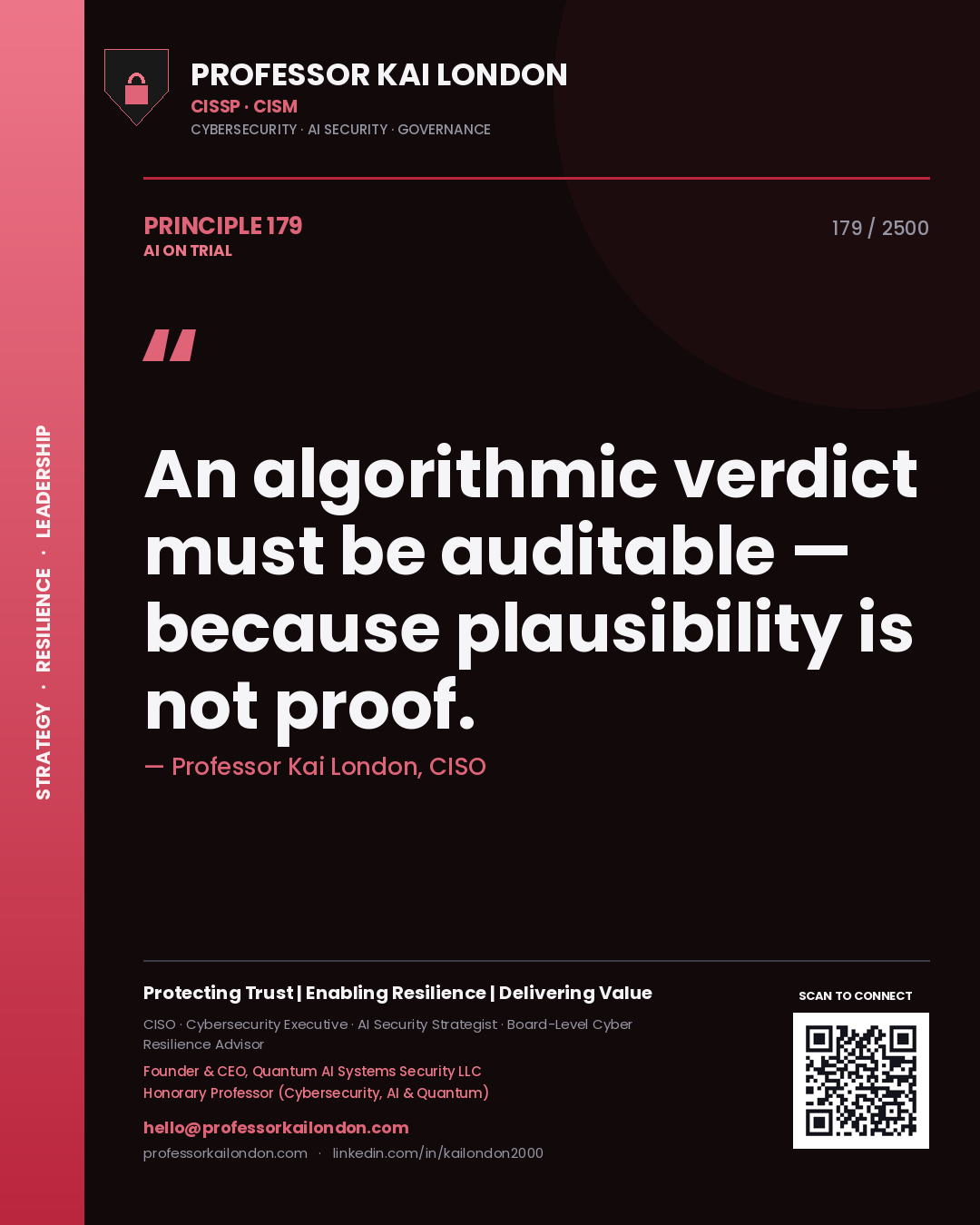 Quote card by Professor Kai London reading 'An algorithmic verdict must be auditable — because plausibility is not proof.'. From the book AI on Trial.