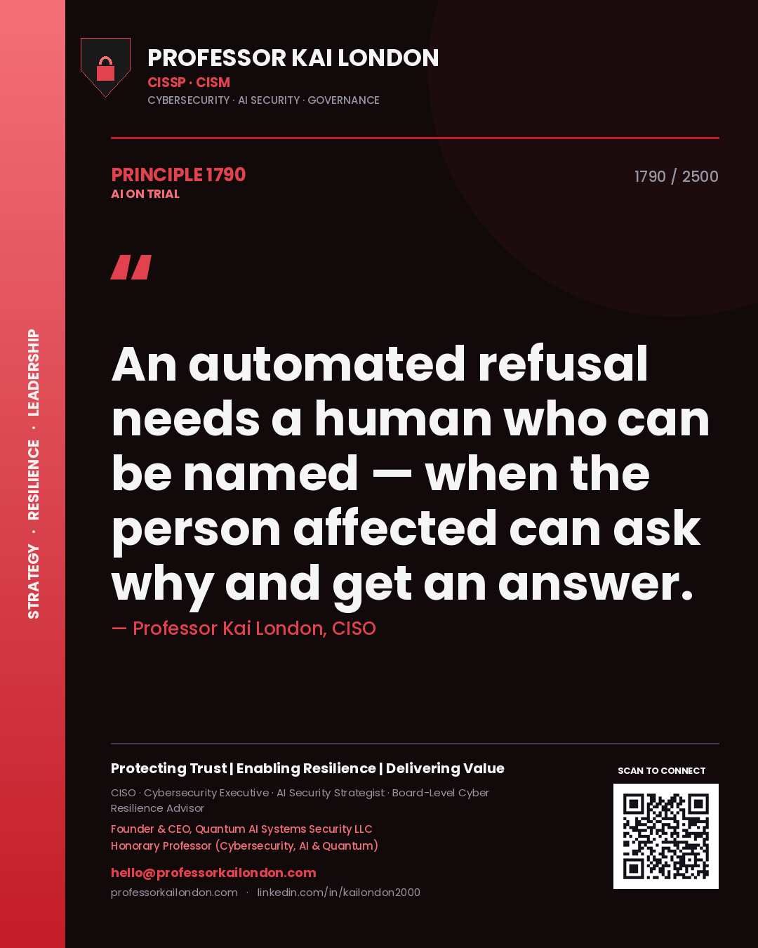 Professor Kai London principle 1790: An automated refusal needs a human who can be named — when the person affected can ask why and get an answer.
