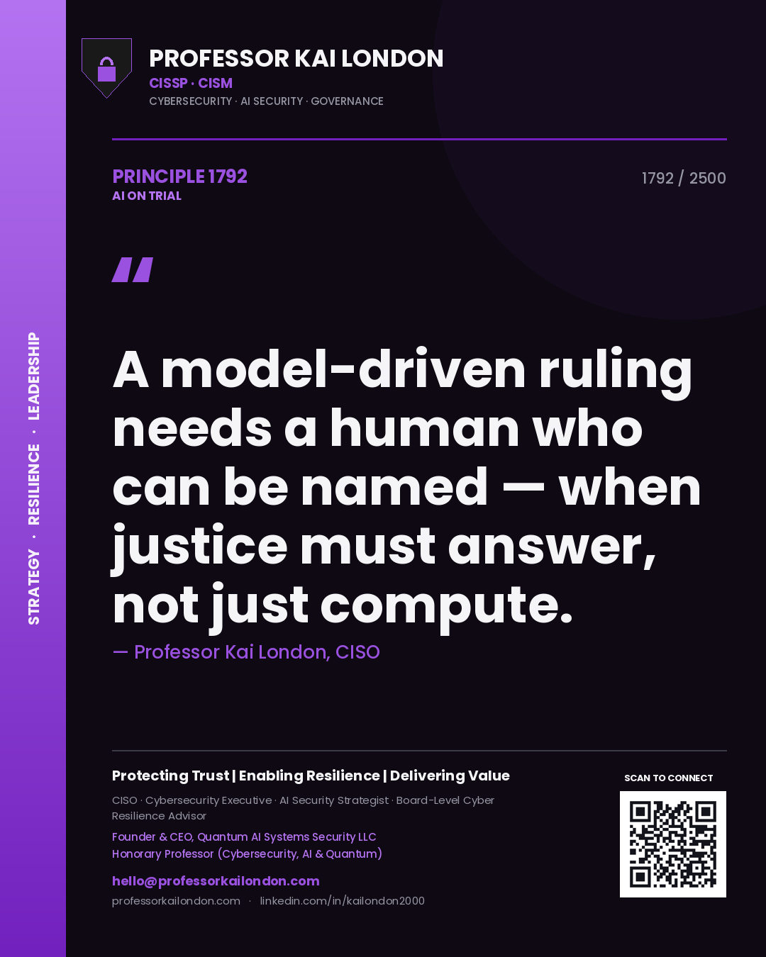 Quote card by Professor Kai London reading 'A model-driven ruling needs a human who can be named — when justice must answer, not just compute.'. From the book AI on Trial.
