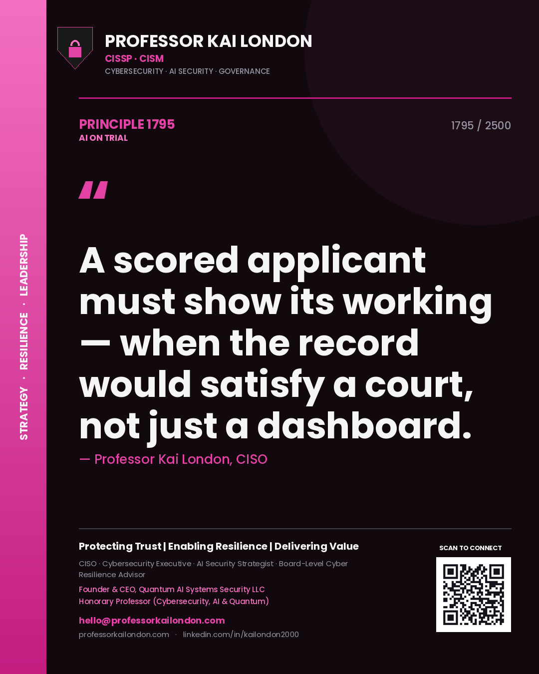 Quote card by Professor Kai London reading 'A scored applicant must show its working — when the record would satisfy a court, not just a dashboard.'. From the book AI on Trial.