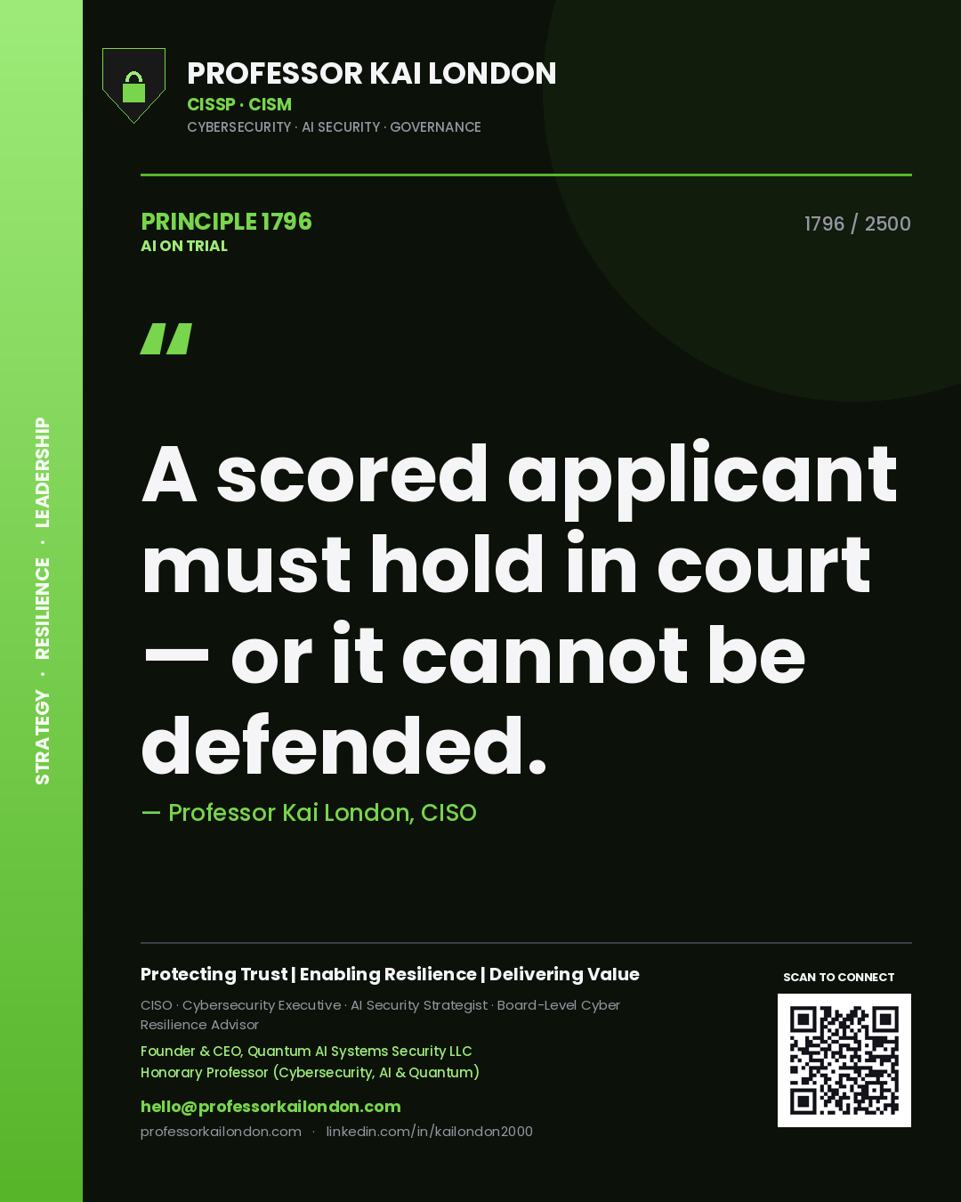 Professor Kai London principle 1796: A scored applicant must hold in court — or it cannot be defended.