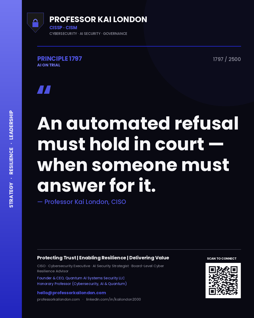 Professor Kai London principle 1797: An automated refusal must hold in court — when someone must answer for it.