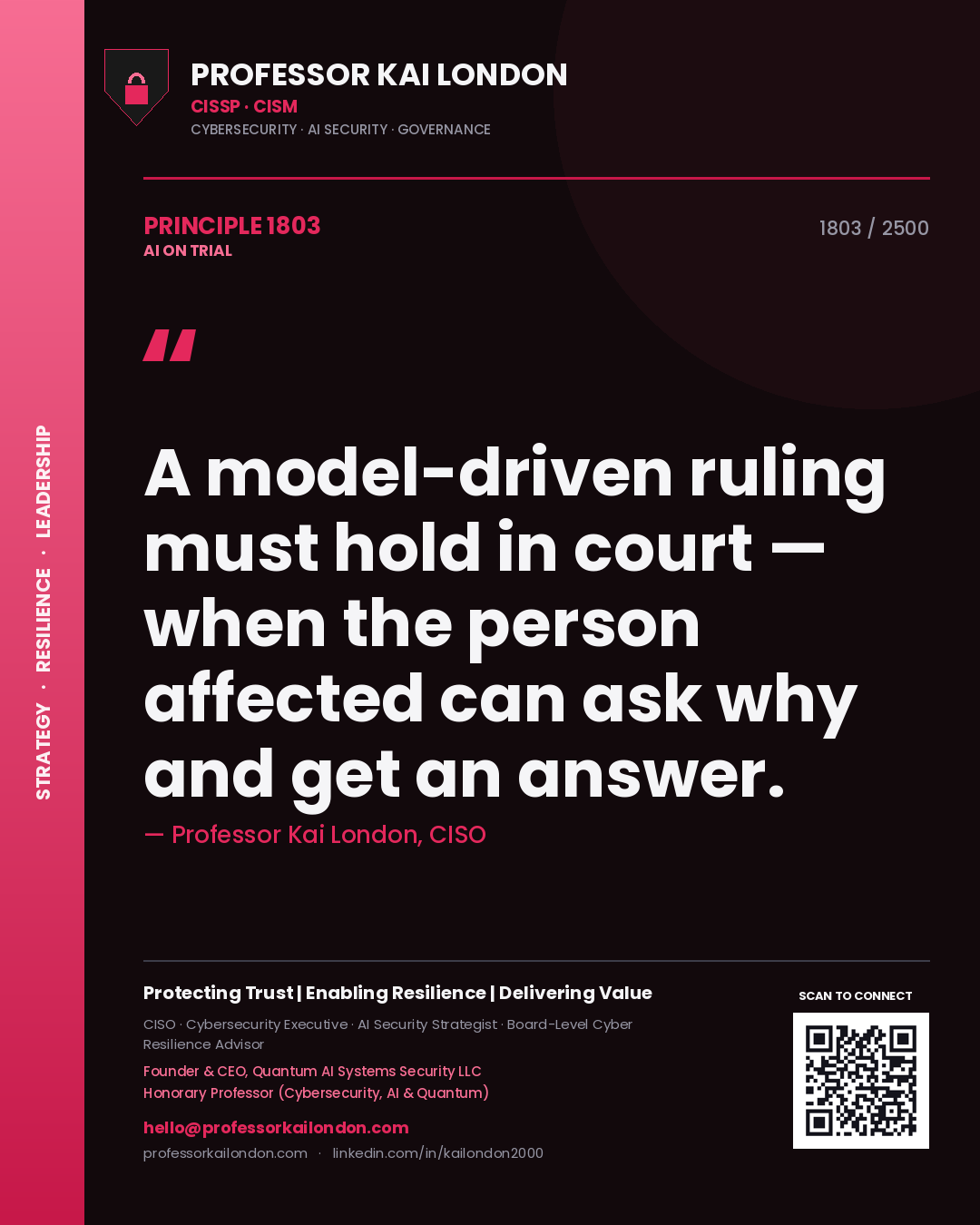 Quote card by Professor Kai London reading 'A model-driven ruling must hold in court — when the person affected can ask why and get an answer.'. From the book AI on Trial.