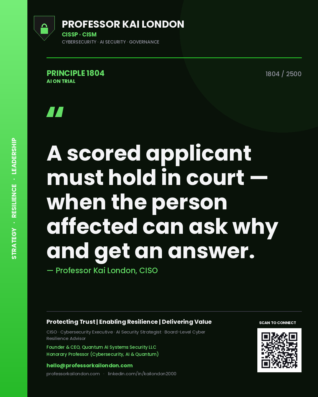 Professor Kai London principle 1804: A scored applicant must hold in court — when the person affected can ask why and get an answer.