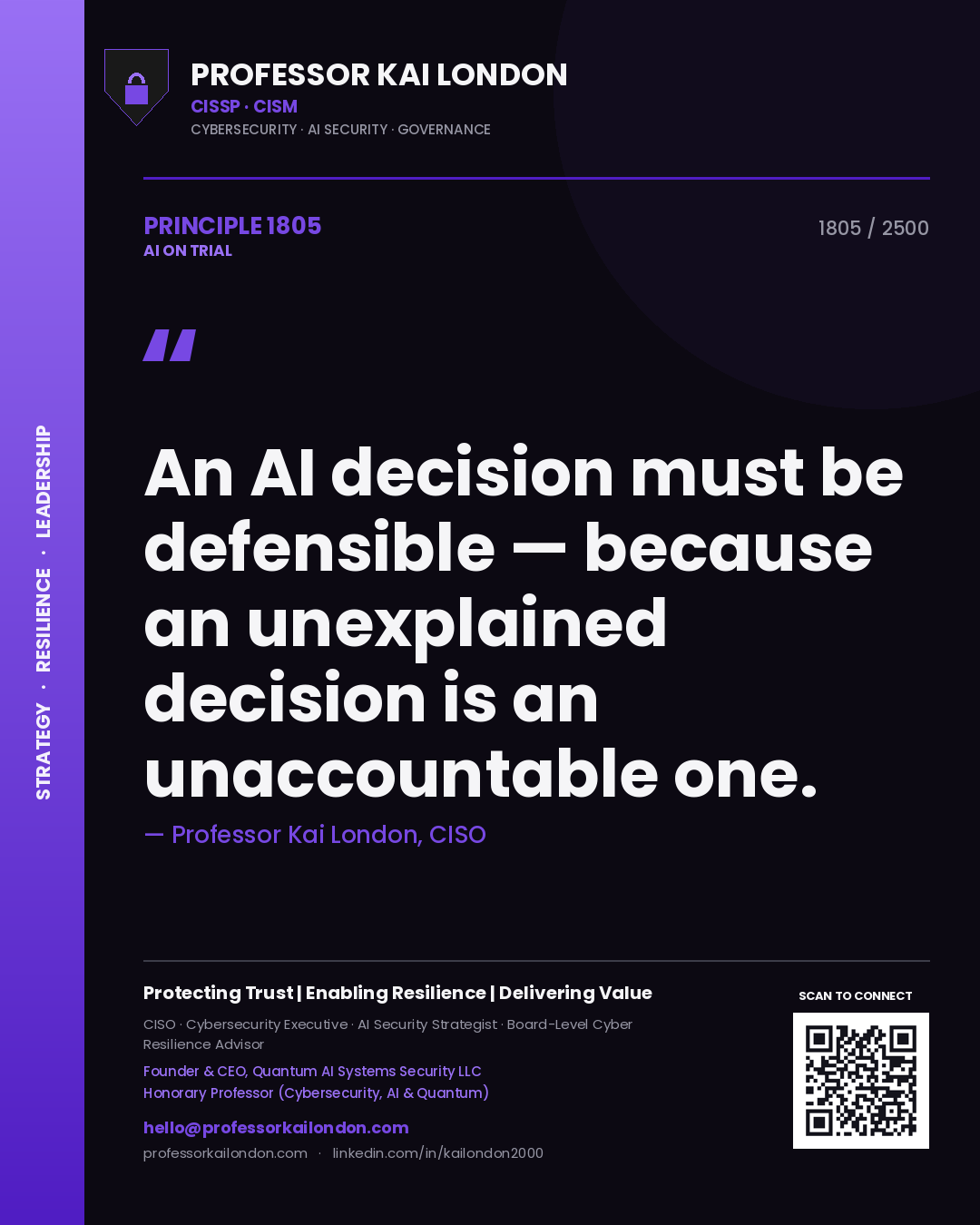 Professor Kai London principle 1805: An AI decision must be defensible — because an unexplained decision is an unaccountable one.