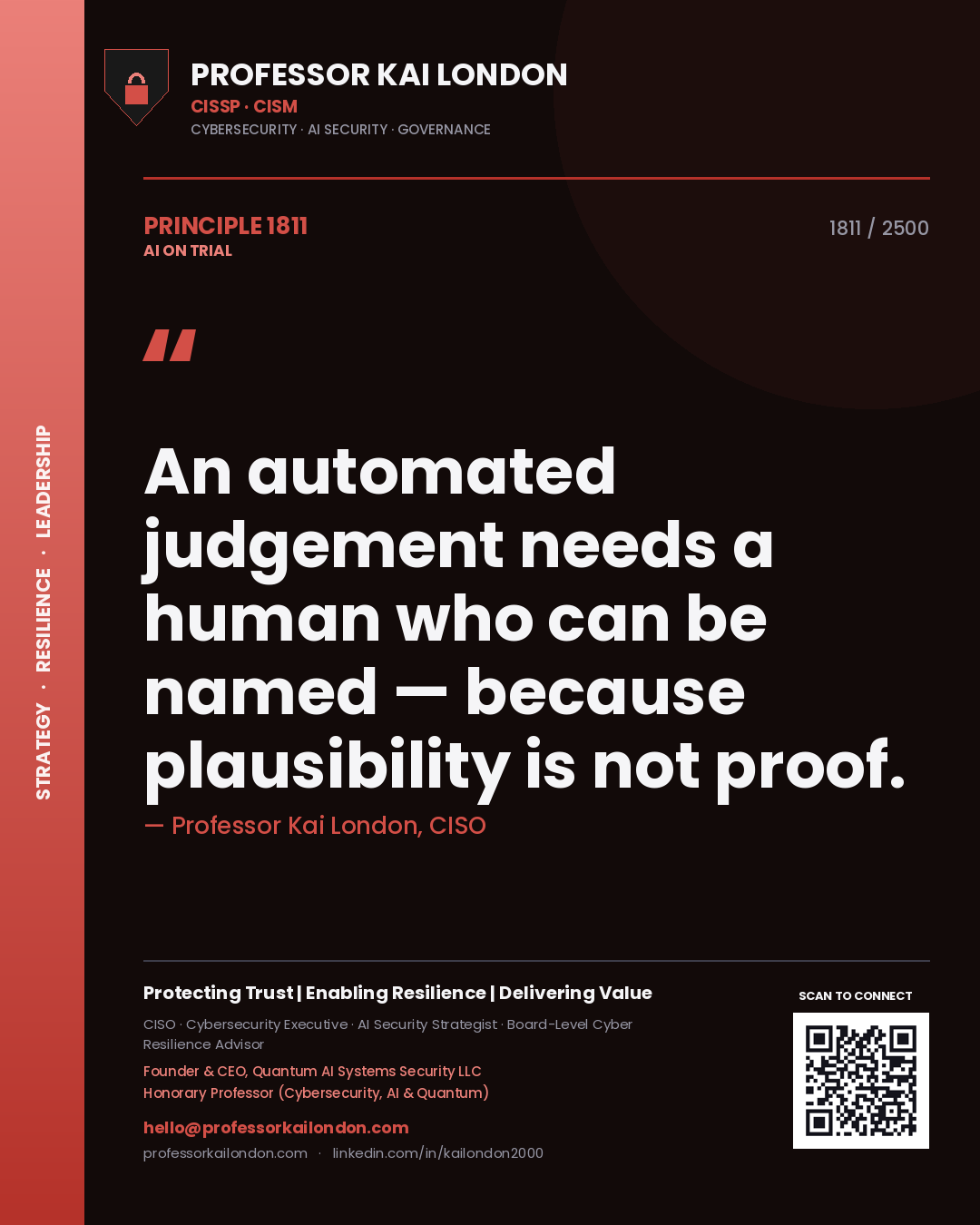 Professor Kai London principle 1811: An automated judgement needs a human who can be named — because plausibility is not proof.