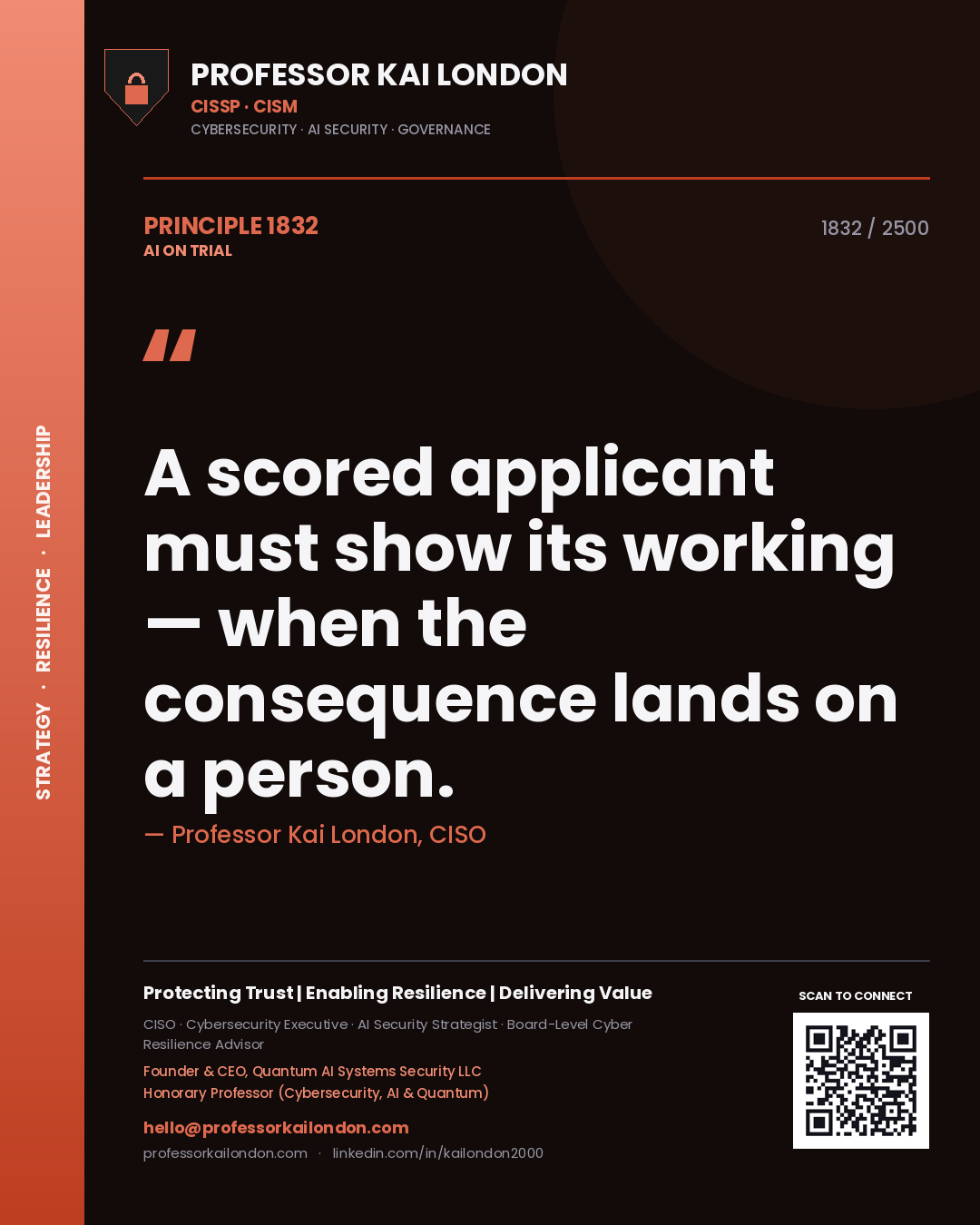 Quote card by Professor Kai London reading 'A scored applicant must show its working — when the consequence lands on a person.'. From the book AI on Trial.