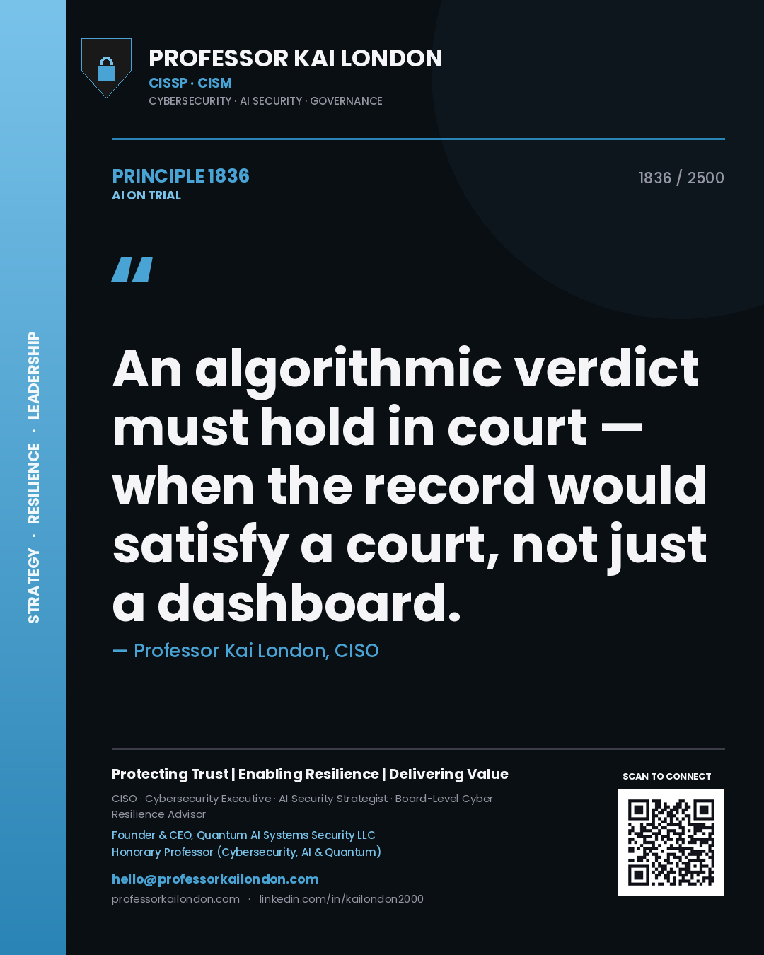 Professor Kai London principle 1836: An algorithmic verdict must hold in court — when the record would satisfy a court, not just a dashboard.
