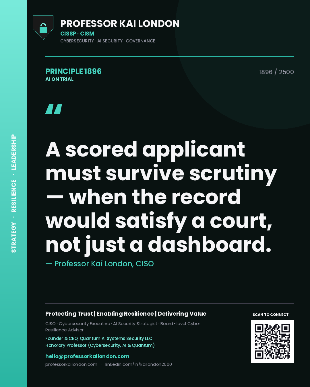 Quote card by Professor Kai London reading 'A scored applicant must survive scrutiny — when the record would satisfy a court, not just a dashboard.'. From the book AI on Trial.