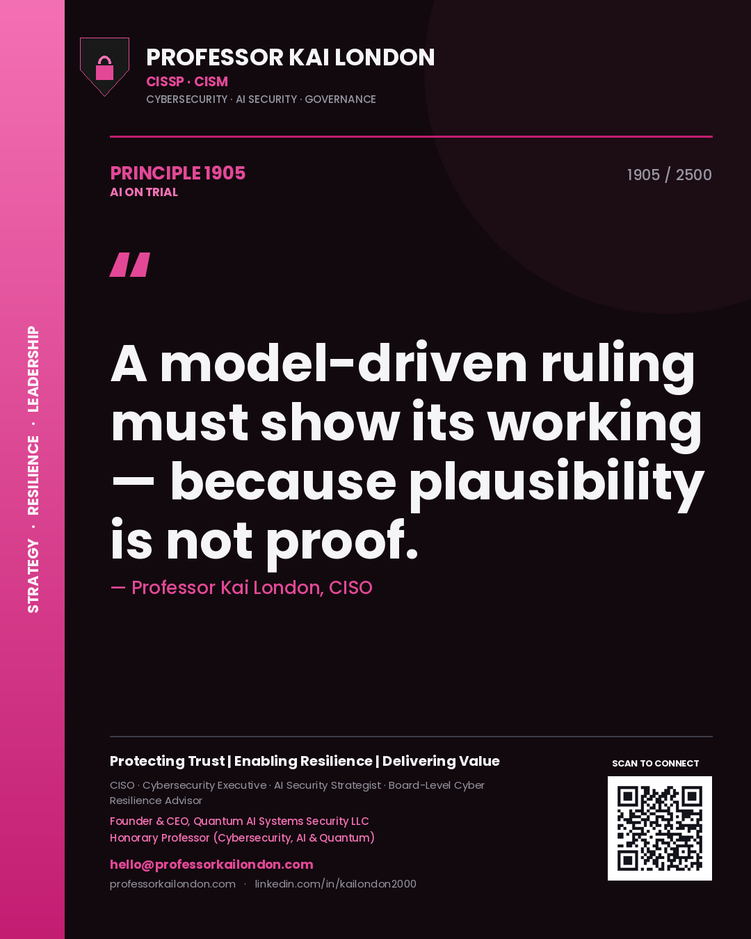 Professor Kai London principle 1905: A model-driven ruling must show its working — because plausibility is not proof.