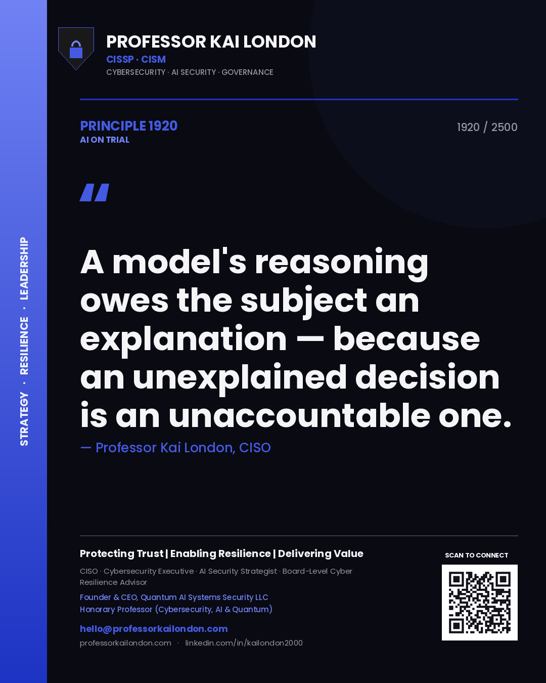 Professor Kai London principle 1920: A model's reasoning owes the subject an explanation — because an unexplained decision is an unaccountable one.