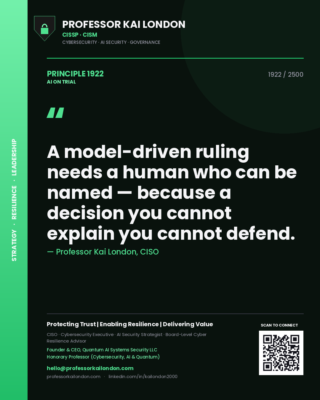 Professor Kai London principle 1922: A model-driven ruling needs a human who can be named — because a decision you cannot explain you cannot defend.