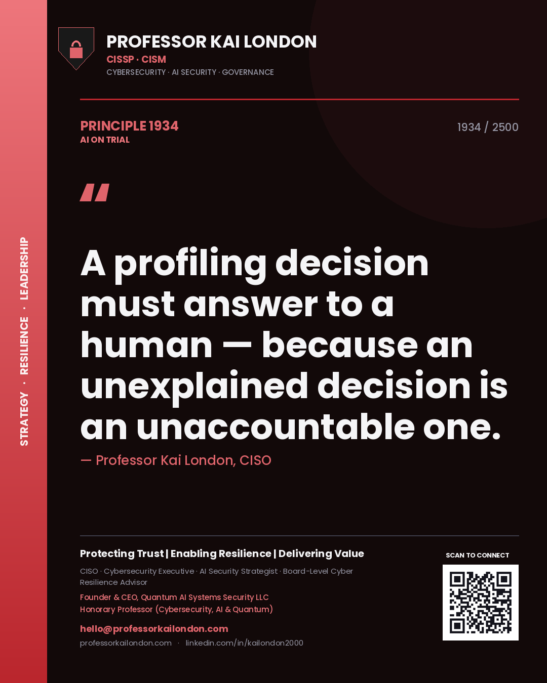 Quote card by Professor Kai London reading 'A profiling decision must answer to a human — because an unexplained decision is an unaccountable one.'. From the book AI on Trial.