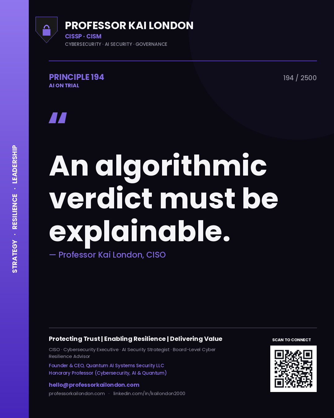 Quote card by Professor Kai London reading 'An algorithmic verdict must be explainable.'. From the book AI on Trial.