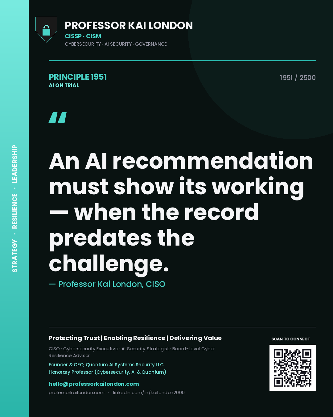 Professor Kai London principle 1951: An AI recommendation must show its working — when the record predates the challenge.