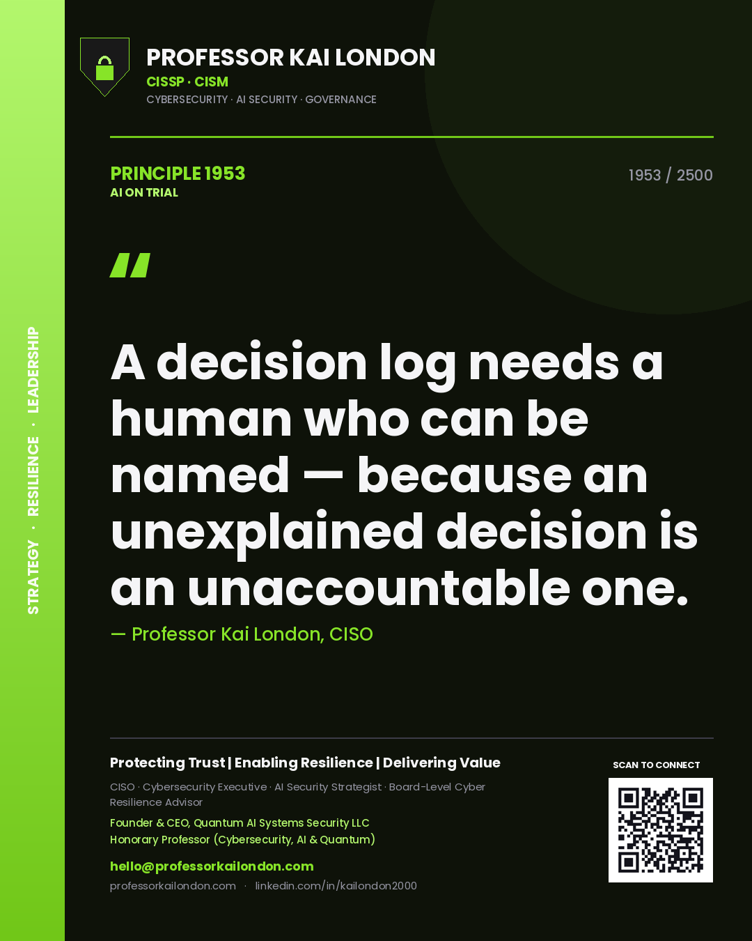 Professor Kai London principle 1953: A decision log needs a human who can be named — because an unexplained decision is an unaccountable one.