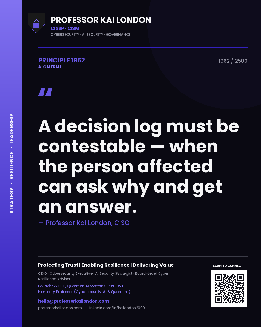 Professor Kai London principle 1962: A decision log must be contestable — when the person affected can ask why and get an answer.