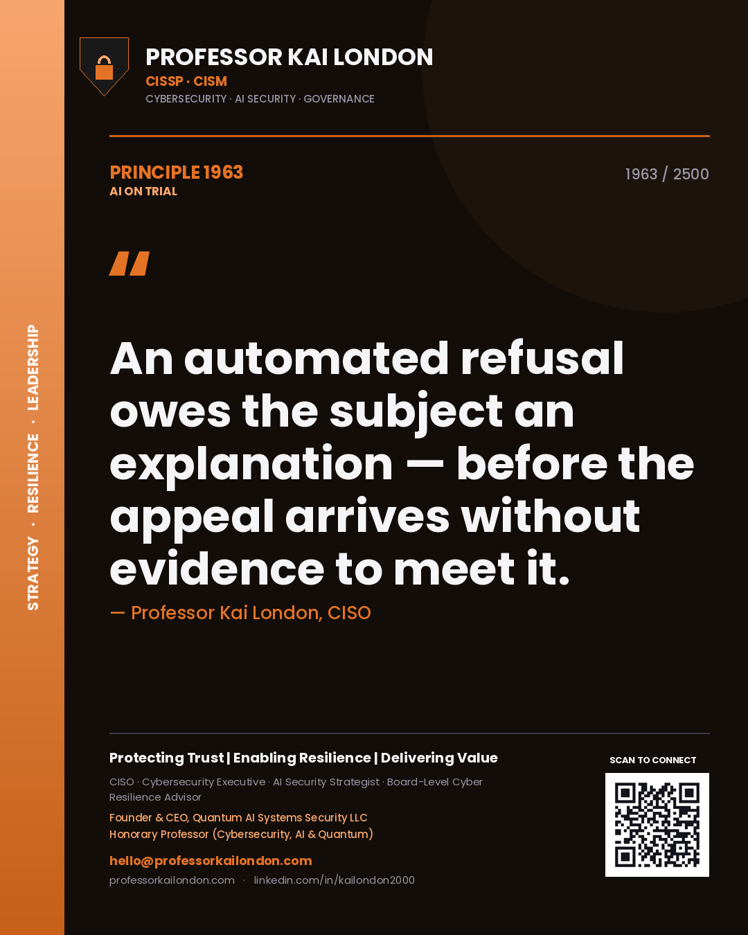 Quote card by Professor Kai London reading 'An automated refusal owes the subject an explanation — before the appeal arrives without evidence to meet it.'. From the book AI on Trial.
