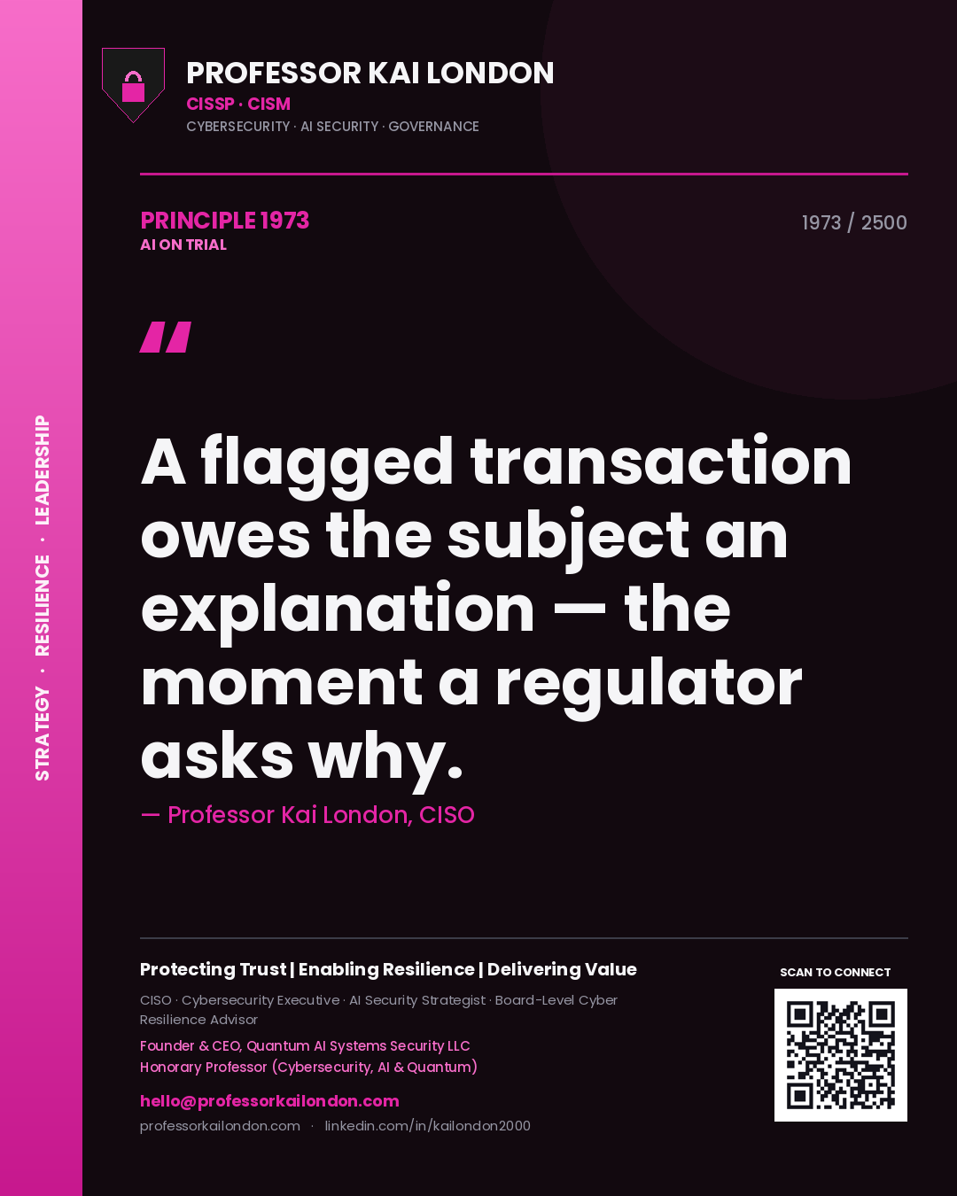Professor Kai London principle 1973: A flagged transaction owes the subject an explanation — the moment a regulator asks why.