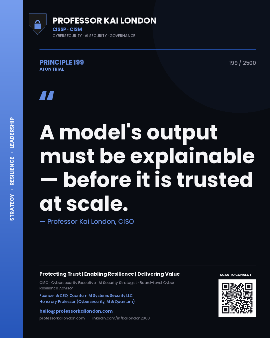Quote card by Professor Kai London reading 'A model's output must be explainable — before it is trusted at scale.'. From the book AI on Trial.