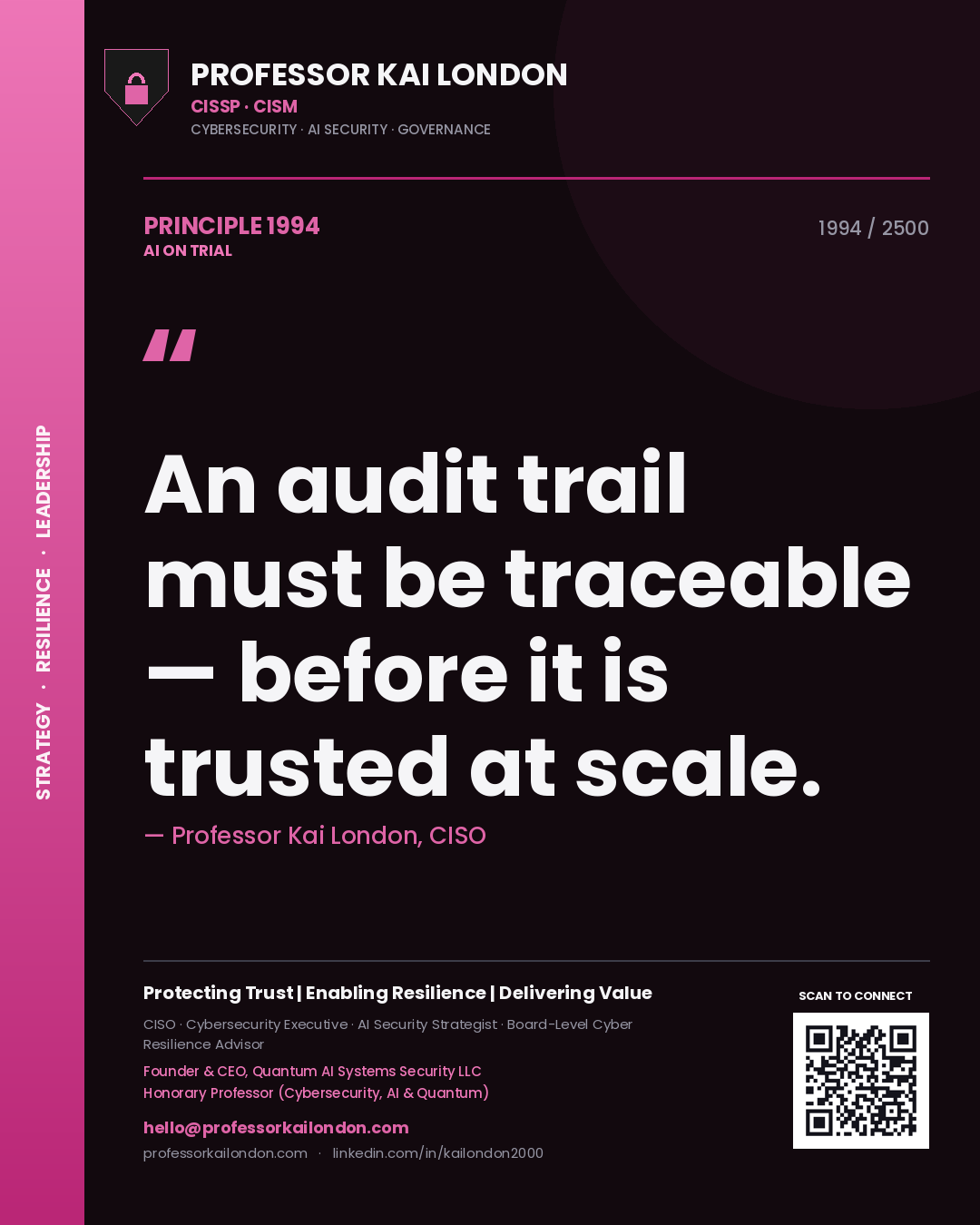 Professor Kai London principle 1994: An audit trail must be traceable — before it is trusted at scale.