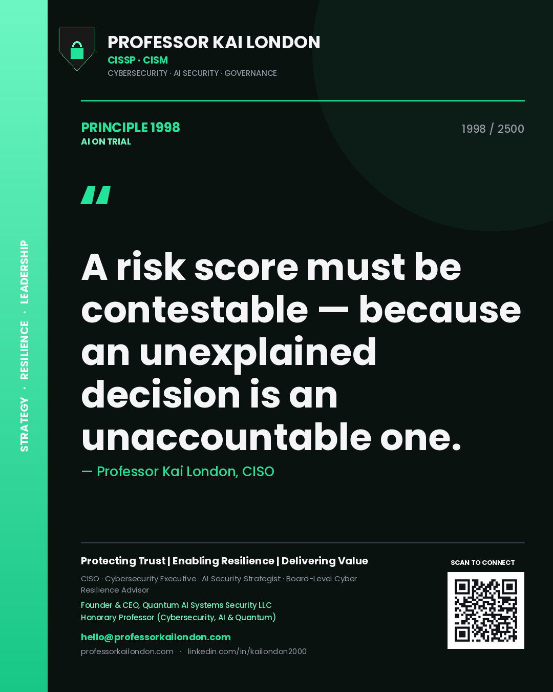 Professor Kai London principle 1998: A risk score must be contestable — because an unexplained decision is an unaccountable one.