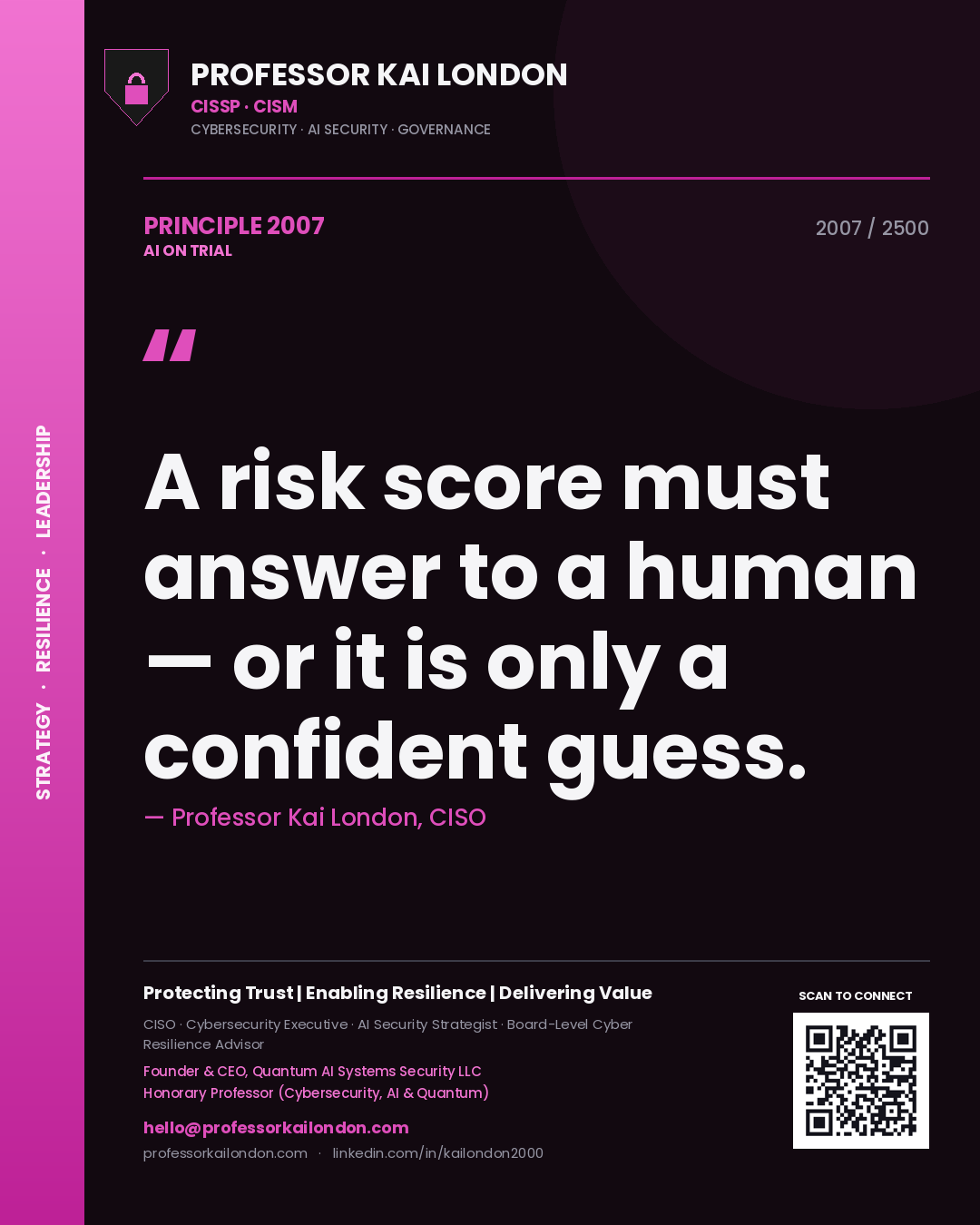 Quote card by Professor Kai London reading 'A risk score must answer to a human — or it is only a confident guess.'. From the book AI on Trial.