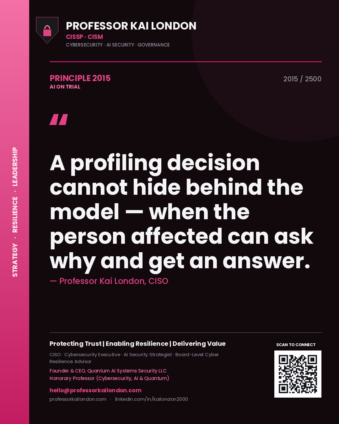 Quote card by Professor Kai London reading 'A profiling decision cannot hide behind the model — when the person affected can ask why and get an answer.'. From the book AI on Trial.