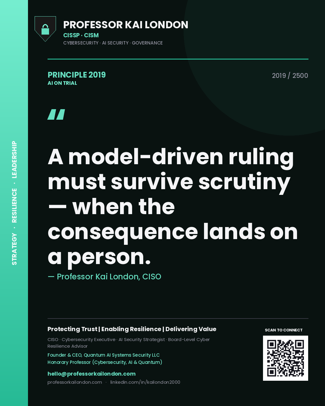 Quote card by Professor Kai London reading 'A model-driven ruling must survive scrutiny — when the consequence lands on a person.'. From the book AI on Trial.