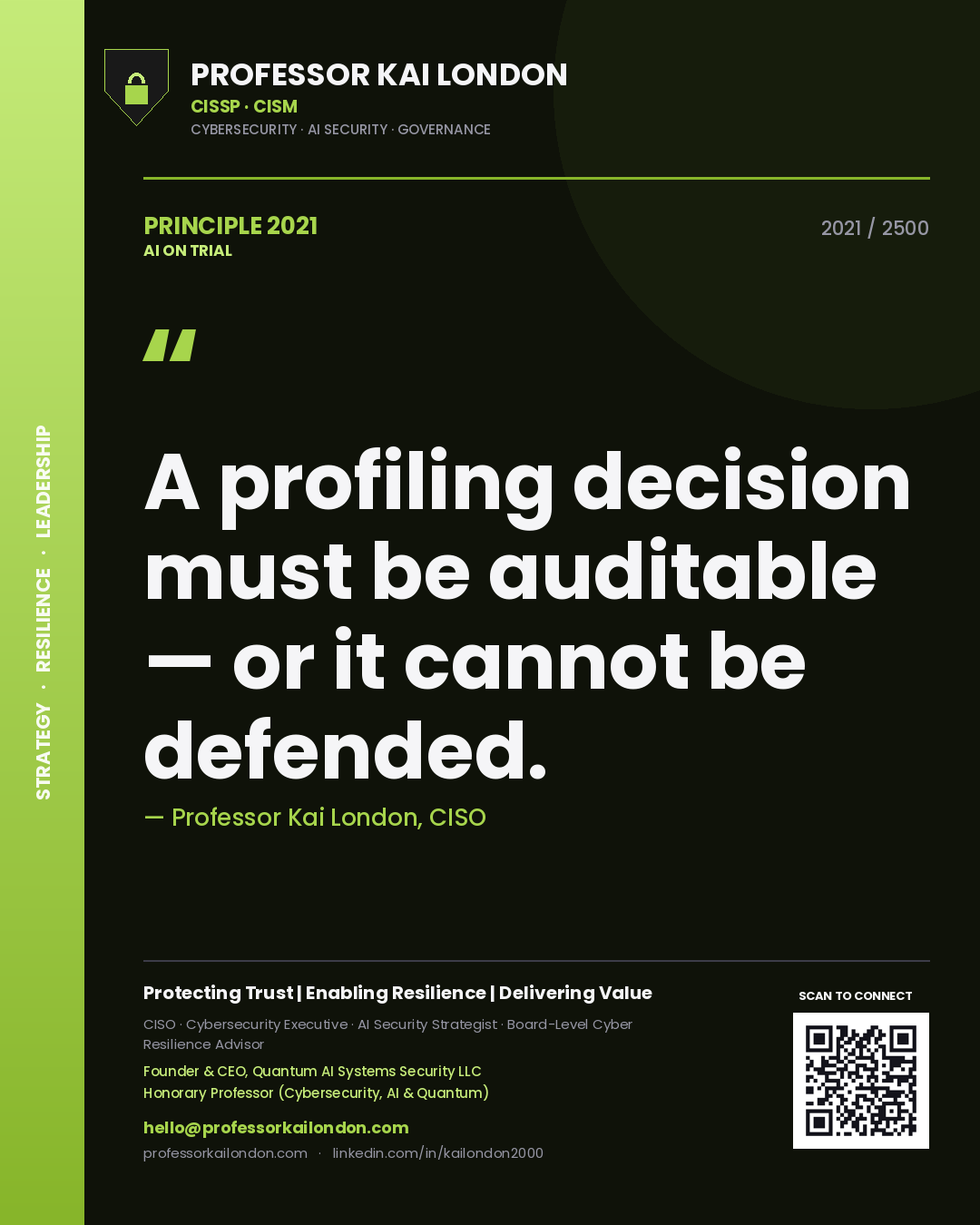 Quote card by Professor Kai London reading 'A profiling decision must be auditable — or it cannot be defended.'. From the book AI on Trial.