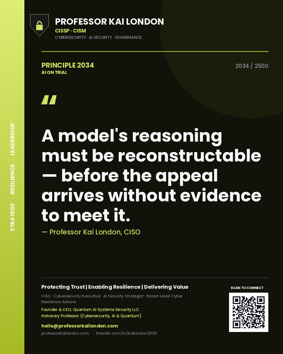 Quote card by Professor Kai London reading 'A model's reasoning must be reconstructable — before the appeal arrives without evidence to meet it.'. From the book AI on Trial.
