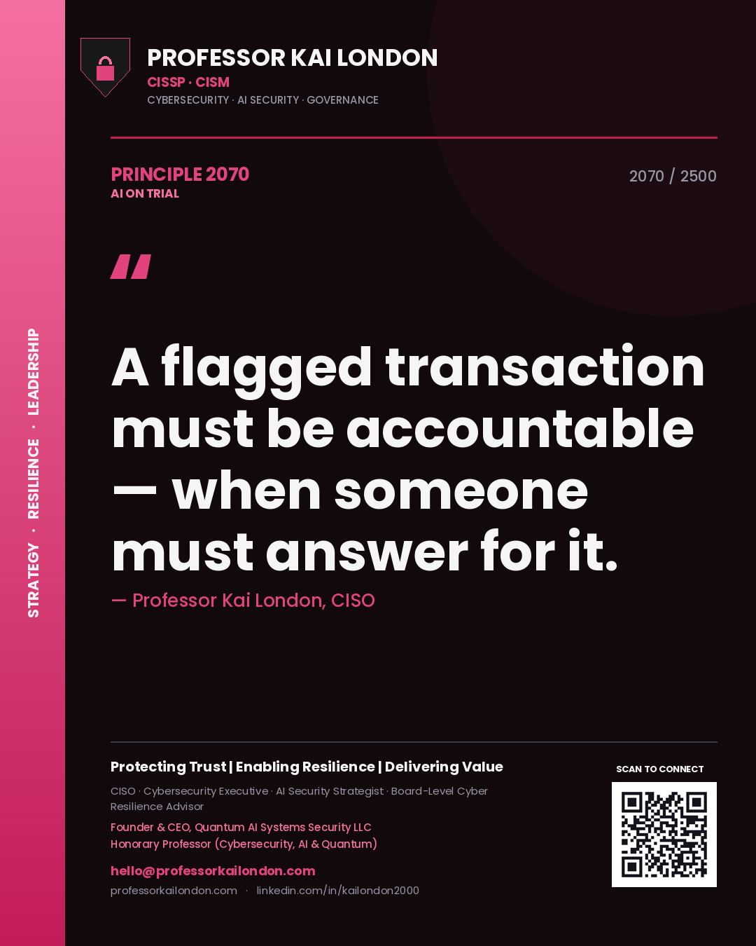 Quote card by Professor Kai London reading 'A flagged transaction must be accountable — when someone must answer for it.'. From the book AI on Trial.