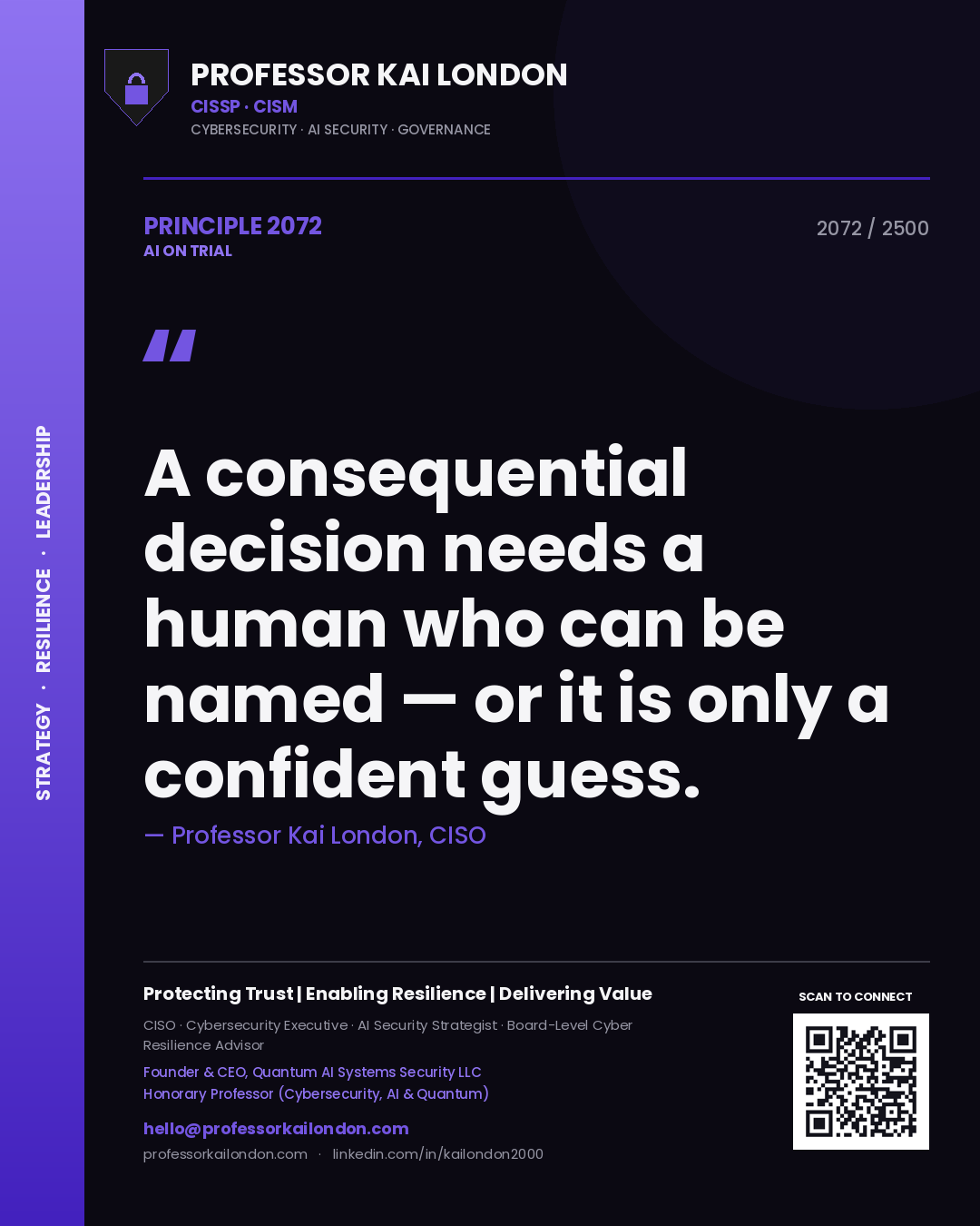 Quote card by Professor Kai London reading 'A consequential decision needs a human who can be named — or it is only a confident guess.'. From the book AI on Trial.