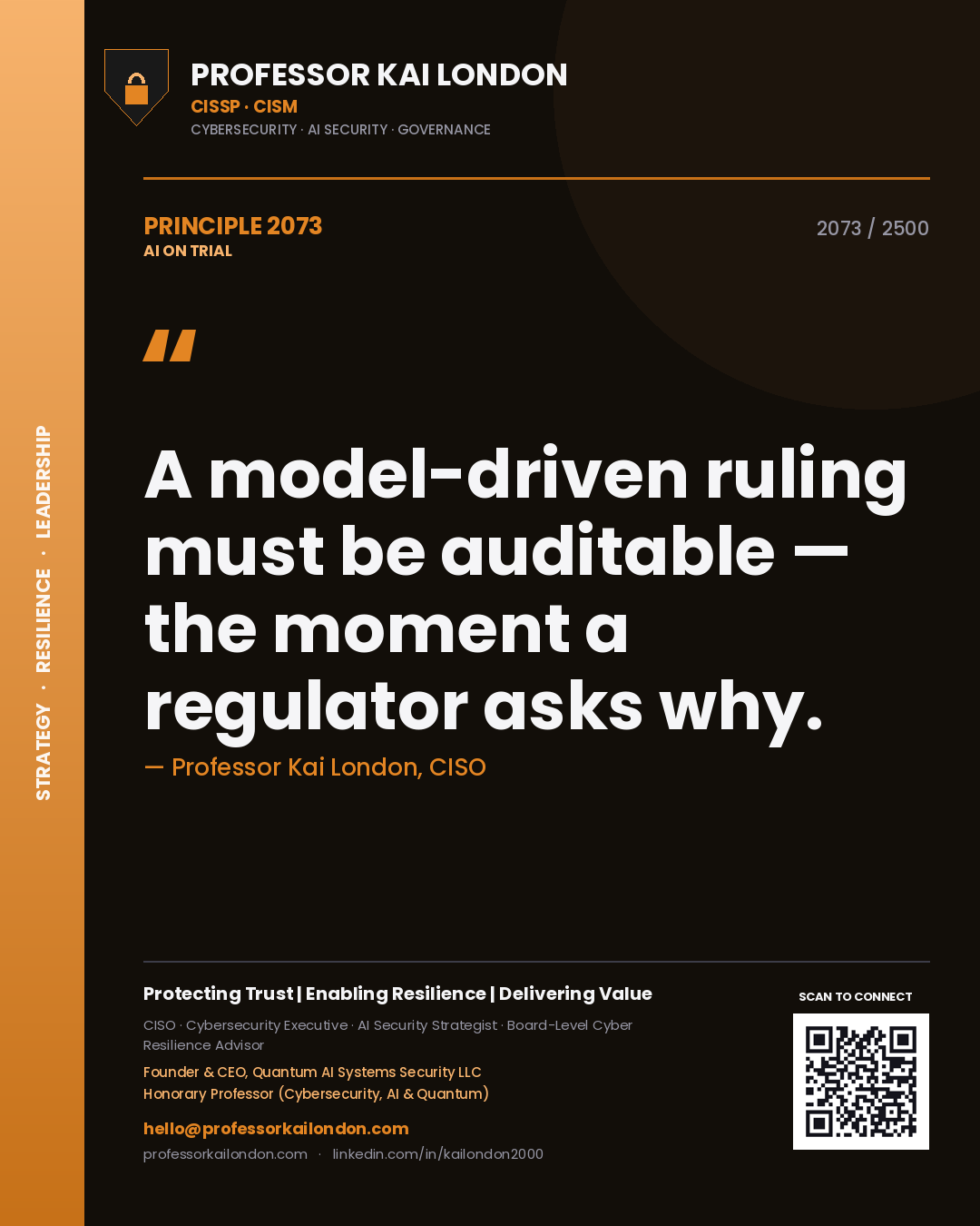 Quote card by Professor Kai London reading 'A model-driven ruling must be auditable — the moment a regulator asks why.'. From the book AI on Trial.